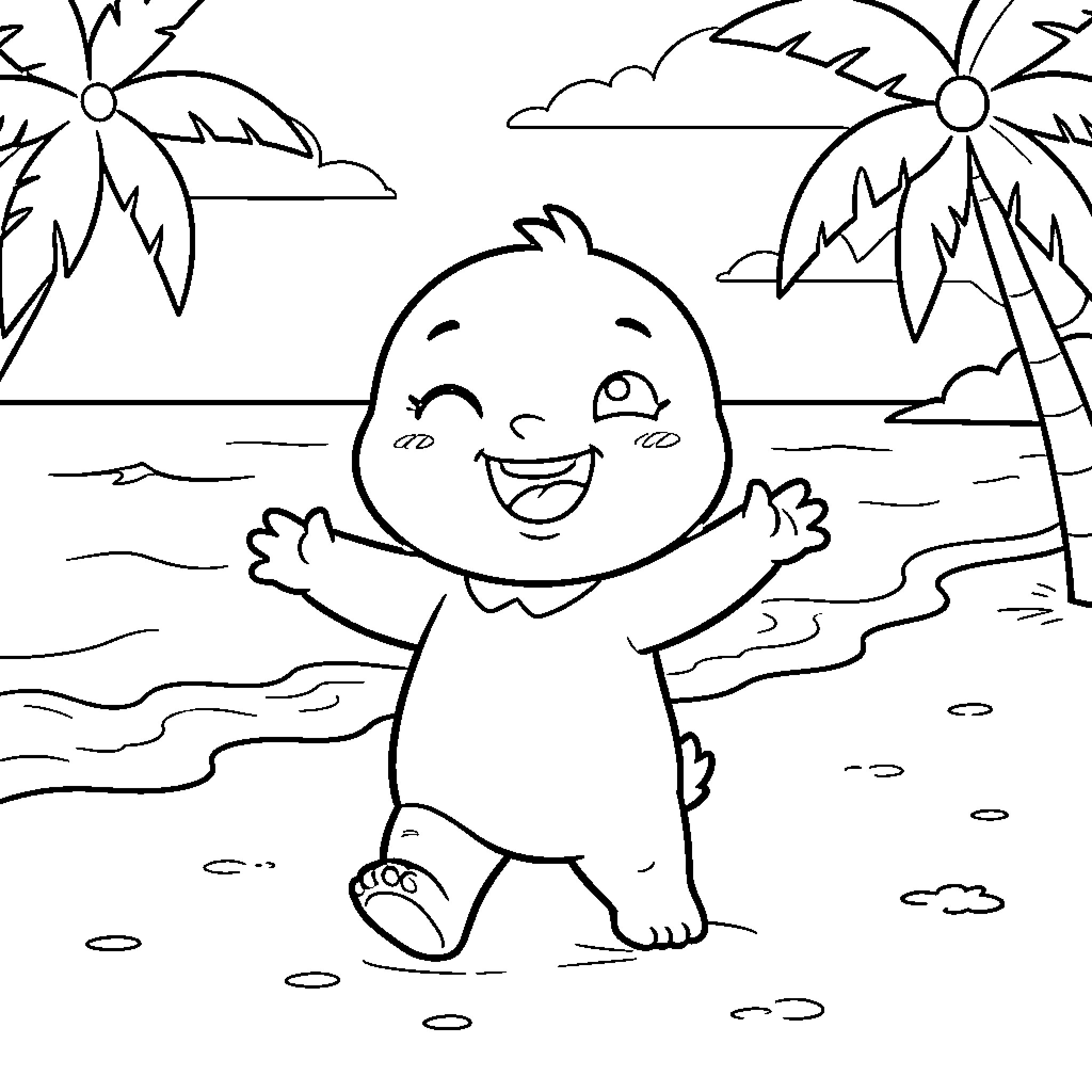 Labubu smiling joyfully with arms outstretched on the beach Coloring Page (free black-and-white line drawing printable PDF for all, from beginners to advanced learners, including children, teens, adults, and seniors)