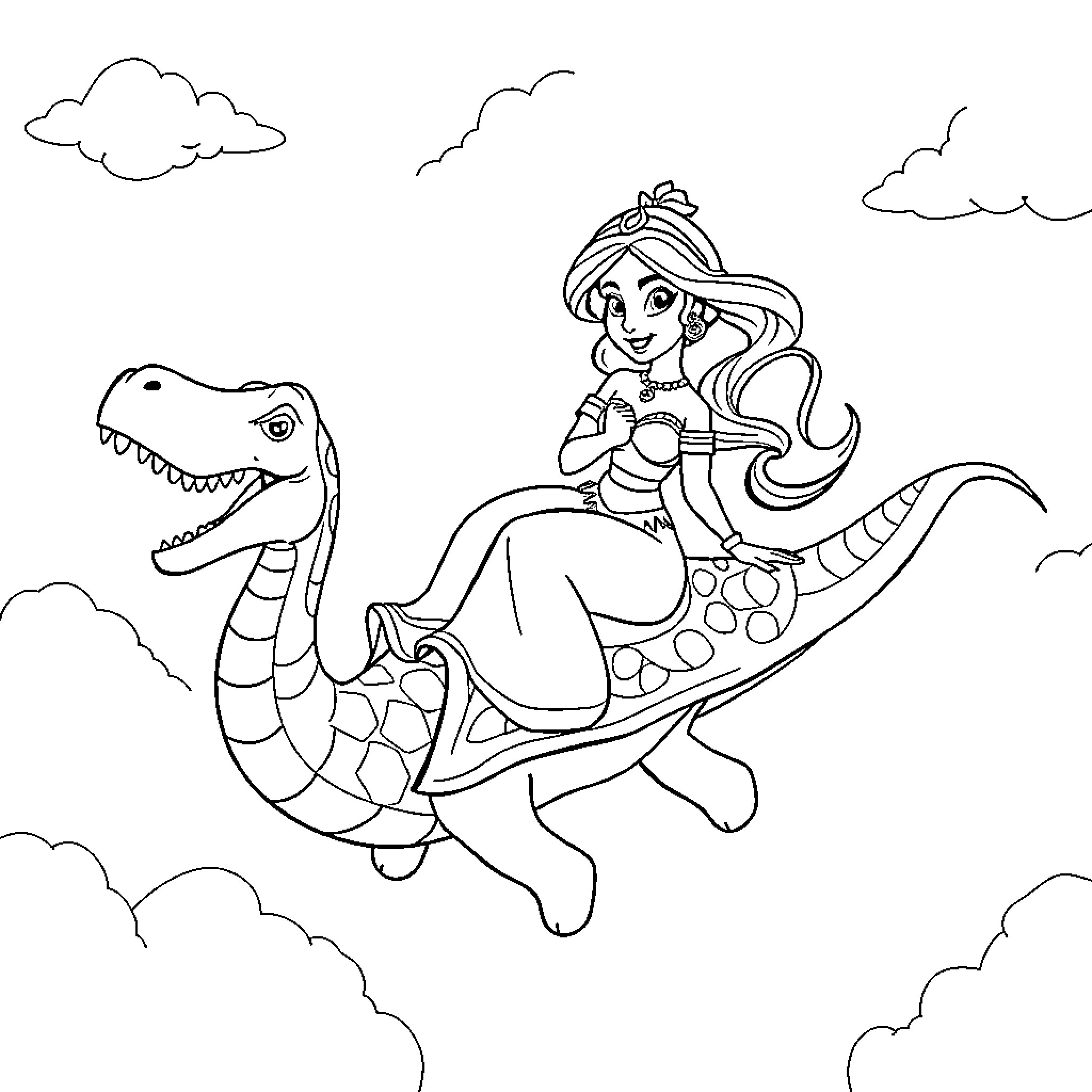Jasmine riding a friendly dinosaur in the sky Coloring Page (free black-and-white line drawing printable PDF for all, from beginners to advanced learners, including children, teens, adults, and seniors)