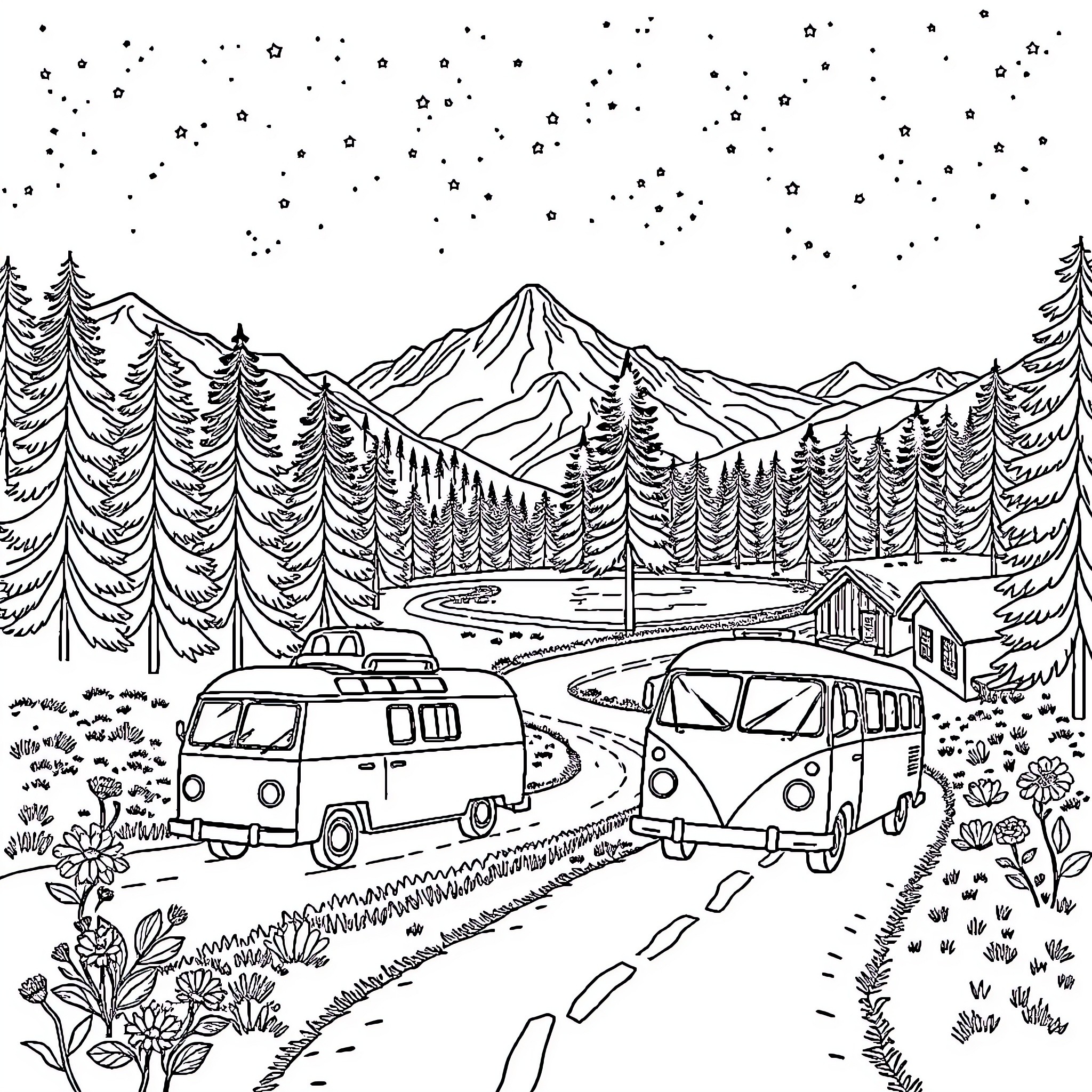 Road Trip through Scenic Mountain Landscape Coloring Page (free black-and-white line drawing printable PDF for all, from beginners to advanced learners, including children, teens, adults, and seniors)