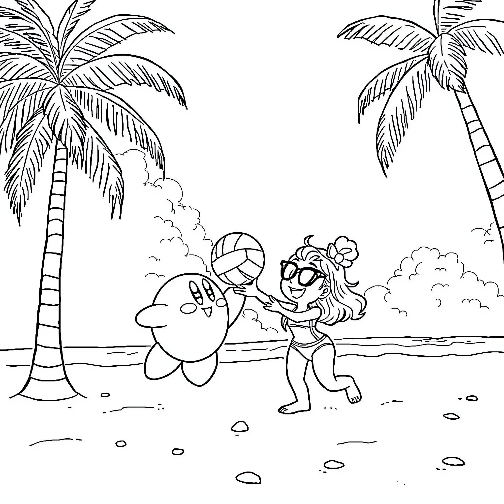 Kirby and friends playing on the beach Coloring Page (free black-and-white line drawing printable PDF for all, from beginners to advanced learners, including children, teens, adults, and seniors)