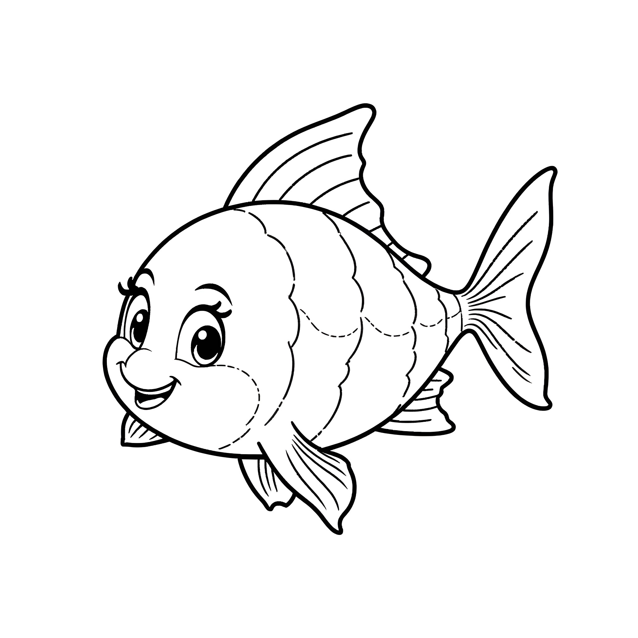 Flounder the cheerful fish swimming Coloring Page (free black-and-white line drawing printable PDF for all, from beginners to advanced learners, including children, teens, adults, and seniors)