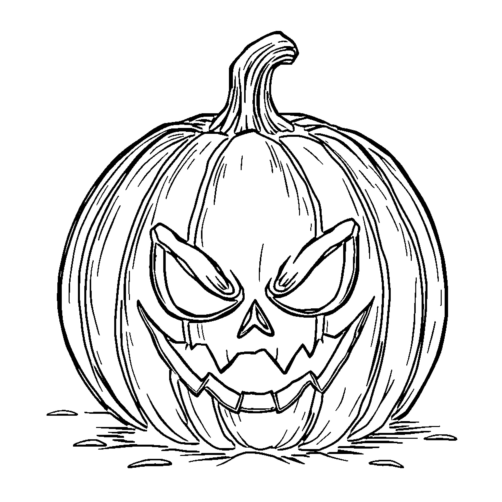 Pumpkin with Spooky Halloween Expression Coloring Page (free black-and-white line drawing printable PDF for all, from beginners to advanced learners, including children, teens, adults, and seniors)