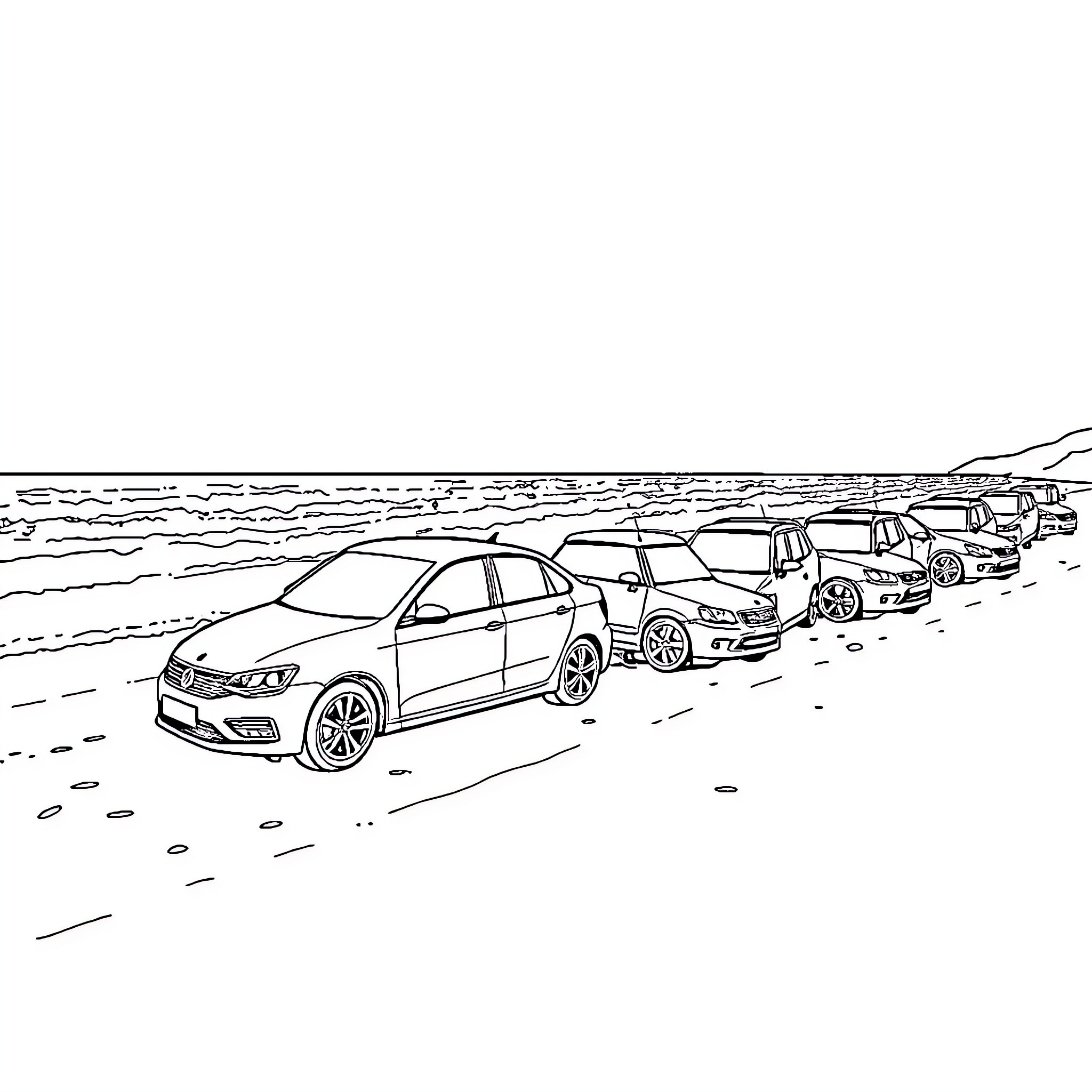 Car Traffic Jam on the Road Coloring Page (free black-and-white line drawing printable PDF for all, from beginners to advanced learners, including children, teens, adults, and seniors)
