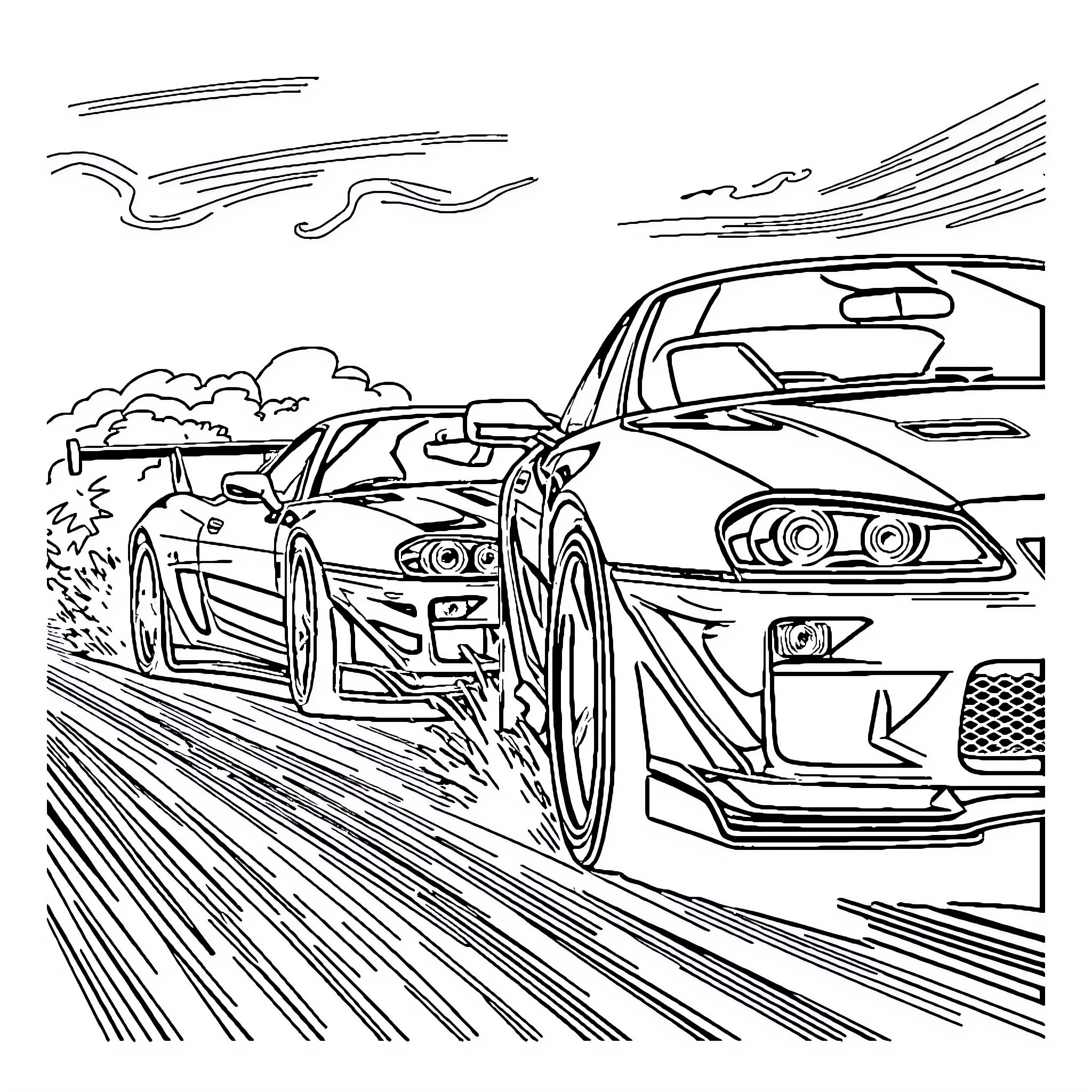 Car speeding through winding mountain road Coloring Page (free black-and-white line drawing printable PDF for all, from beginners to advanced learners, including children, teens, adults, and seniors)