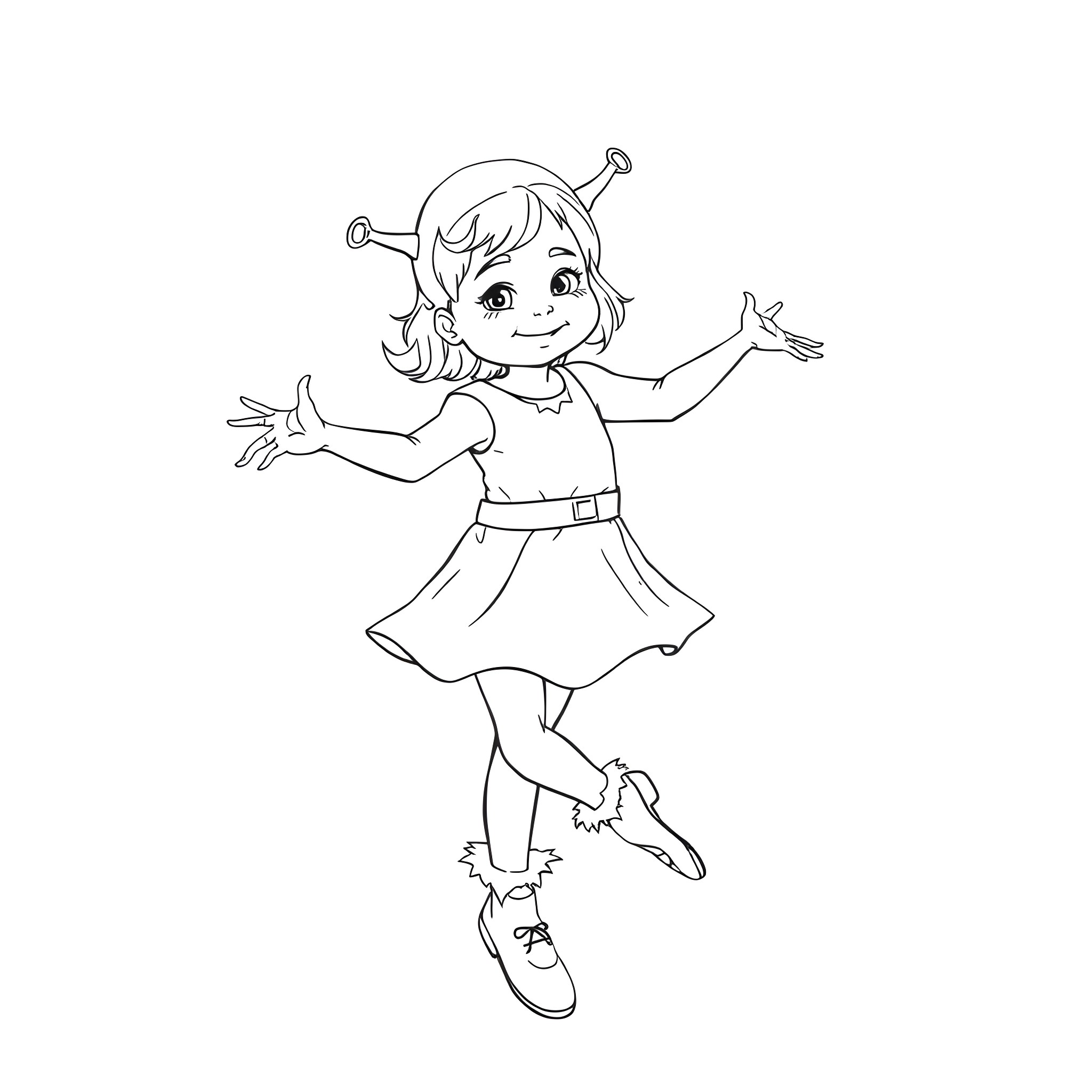Girl dancing happily in a dress Coloring Page (free black-and-white line drawing printable PDF for all, from beginners to advanced learners, including children, teens, adults, and seniors)