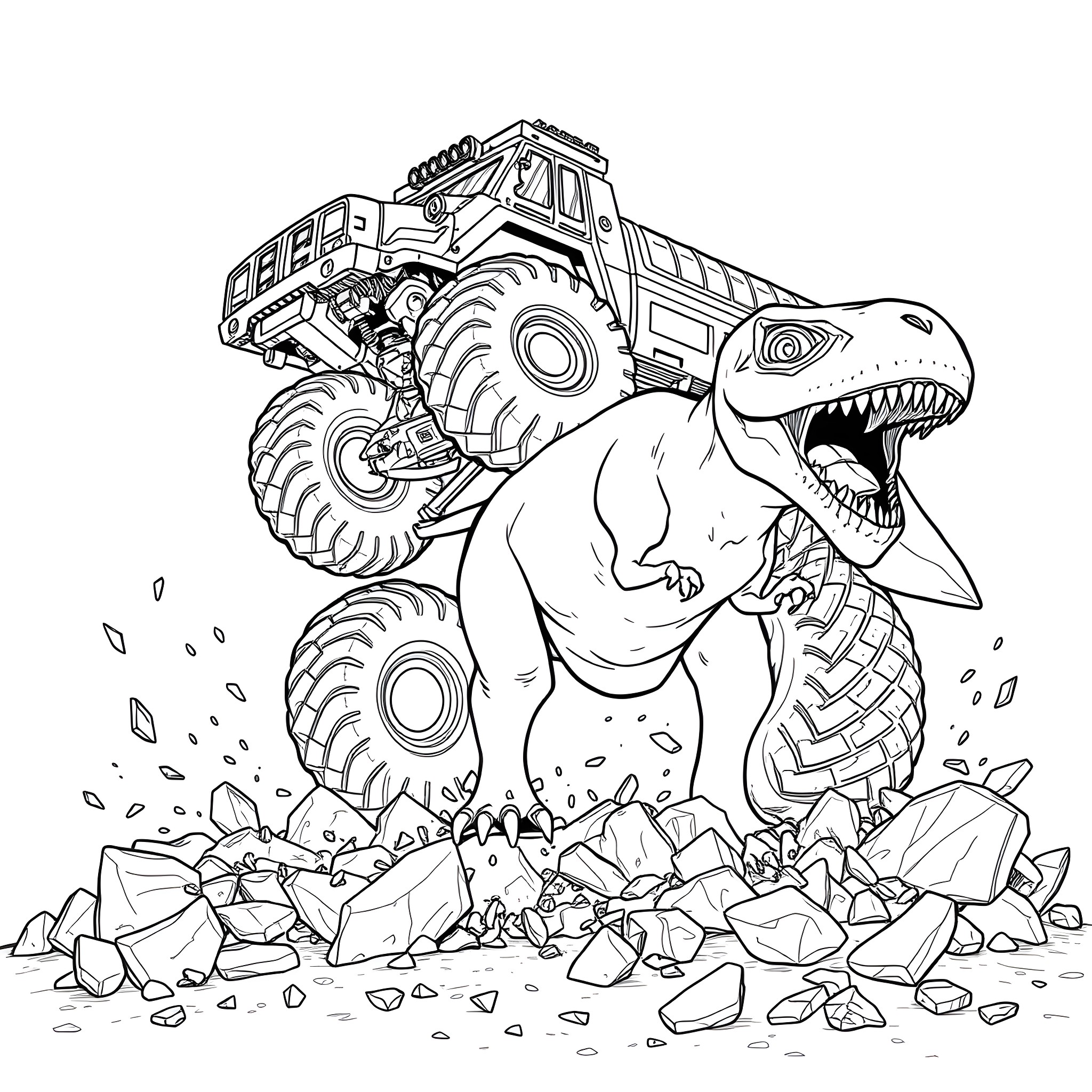 Gravedigger dinosaur crushes boulders with monster truck Coloring Page (free black-and-white line drawing printable PDF for all, from beginners to advanced learners, including children, teens, adults, and seniors)