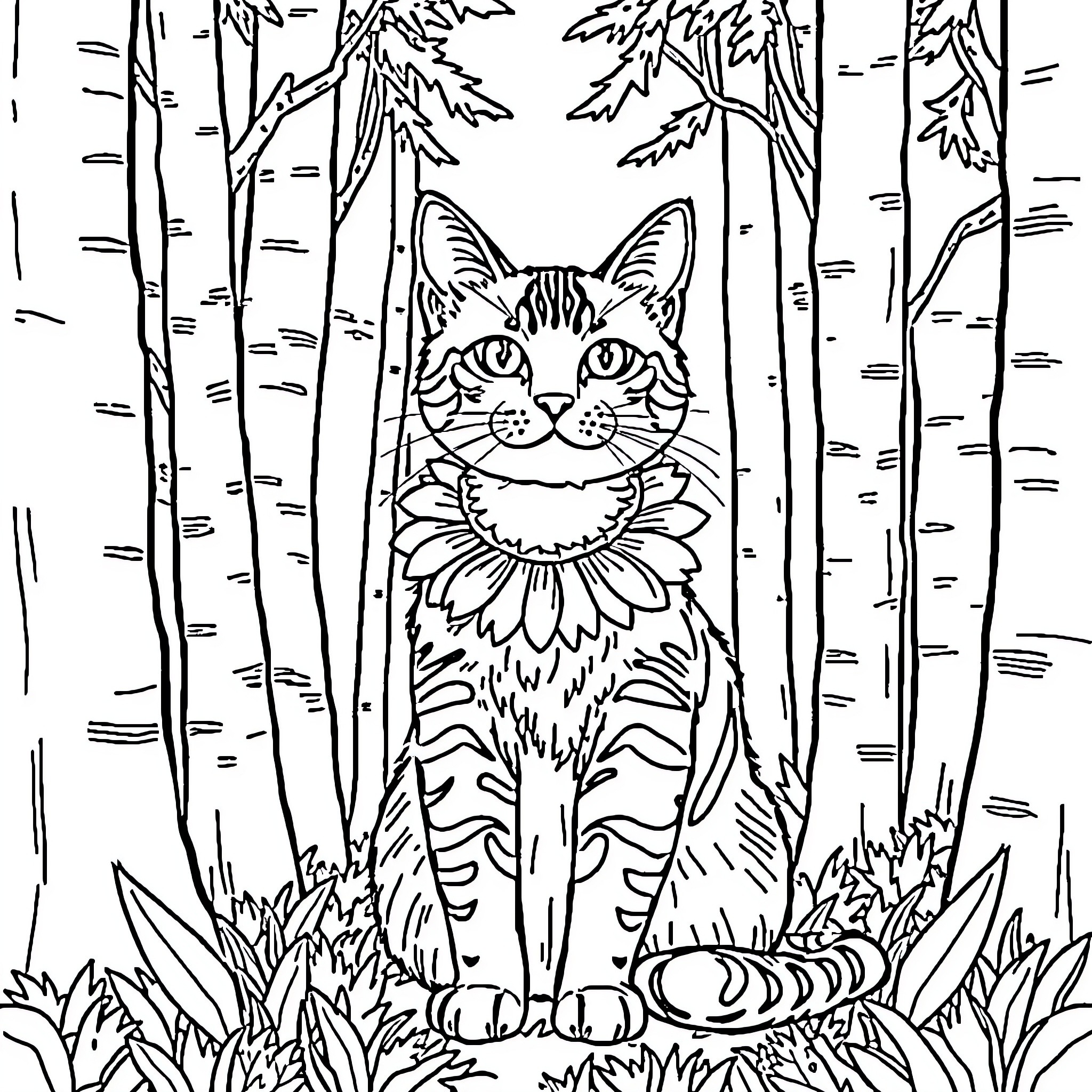 Tabby Cat in the Forest Clearing Coloring Page (free black-and-white line drawing printable PDF for all, from beginners to advanced learners, including children, teens, adults, and seniors)