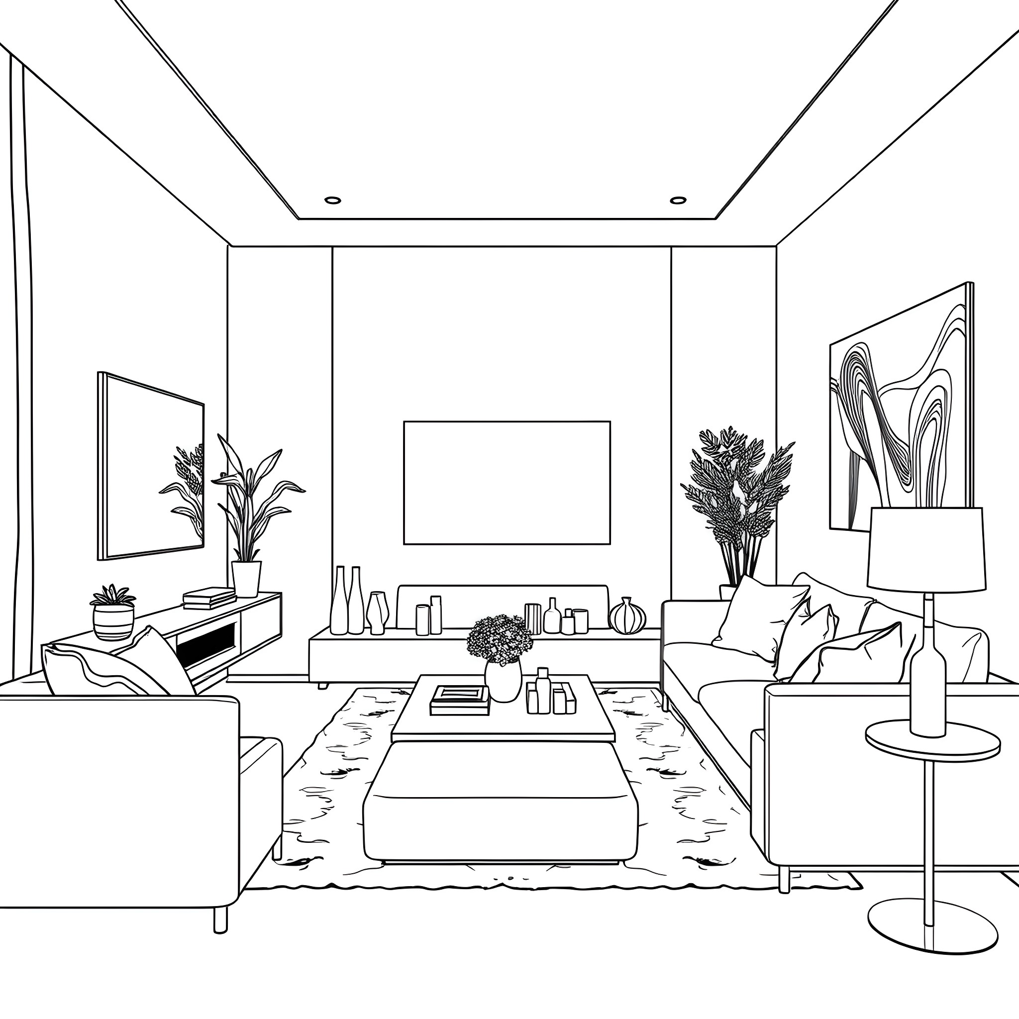 Living Room with Modern Decor and Furnishings Coloring Page (free black-and-white line drawing printable PDF for all, from beginners to advanced learners, including children, teens, adults, and seniors)