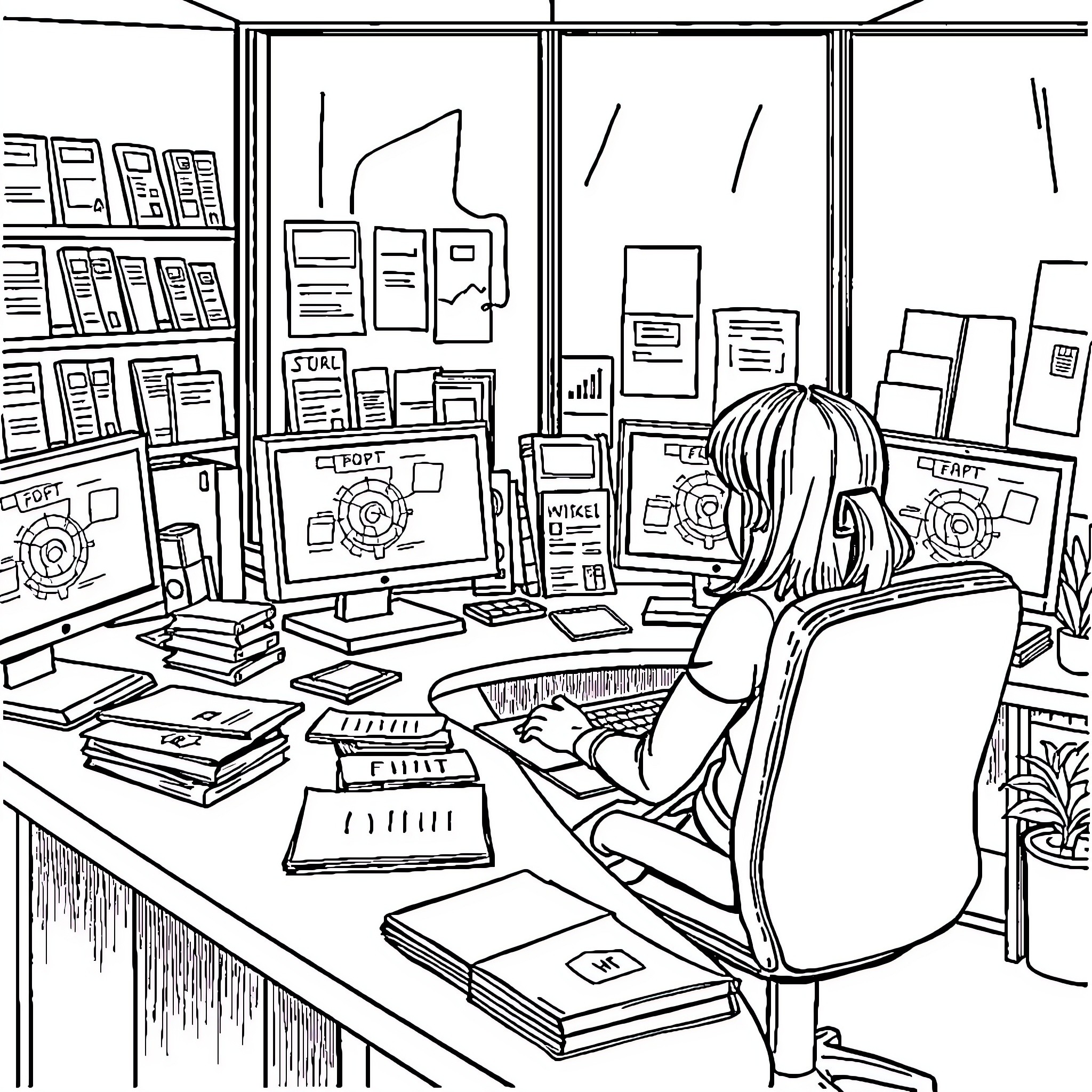 Stiche of a person working diligently in an office Coloring Page (free black-and-white line drawing printable PDF for all, from beginners to advanced learners, including children, teens, adults, and seniors)