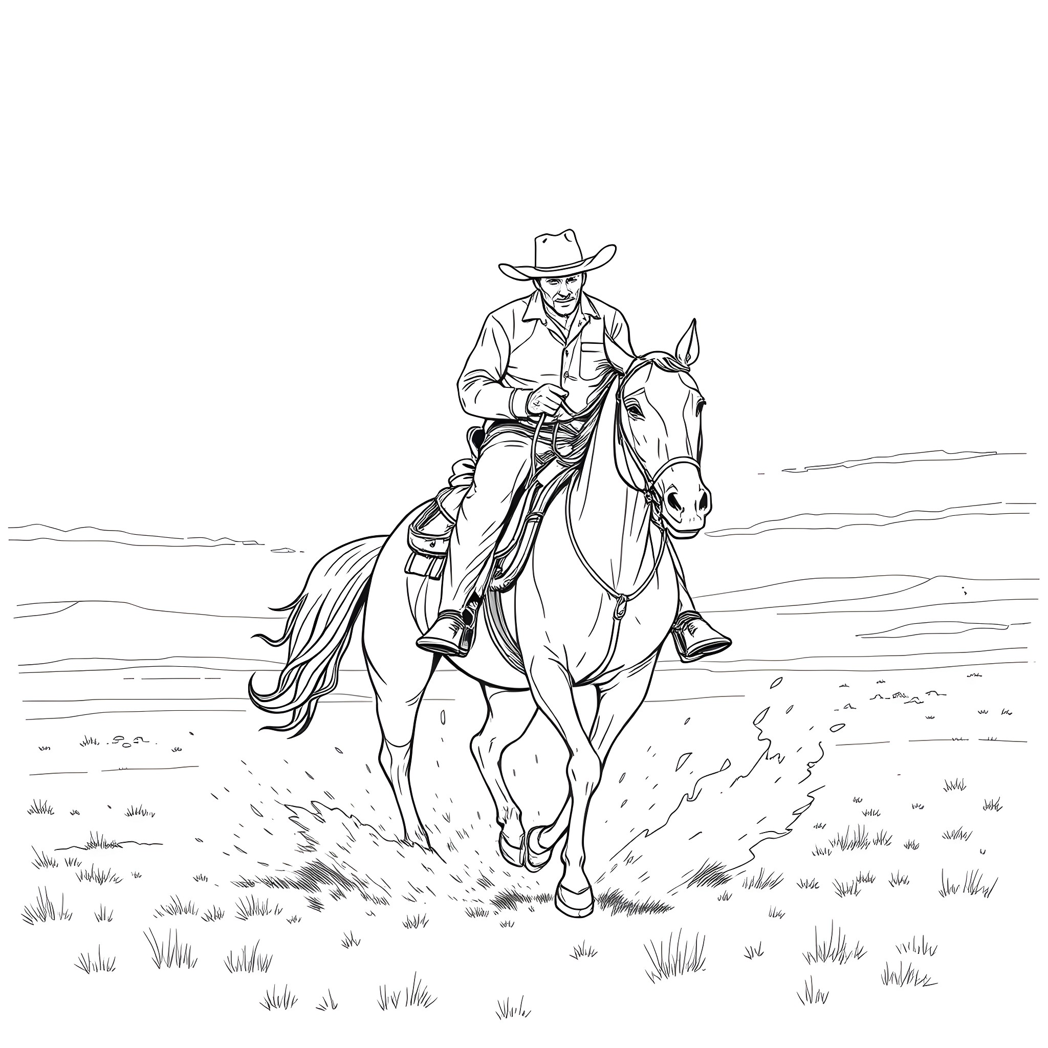 Cowboy riding horse across the prairie Coloring Page (free black-and-white line drawing printable PDF for all, from beginners to advanced learners, including children, teens, adults, and seniors)