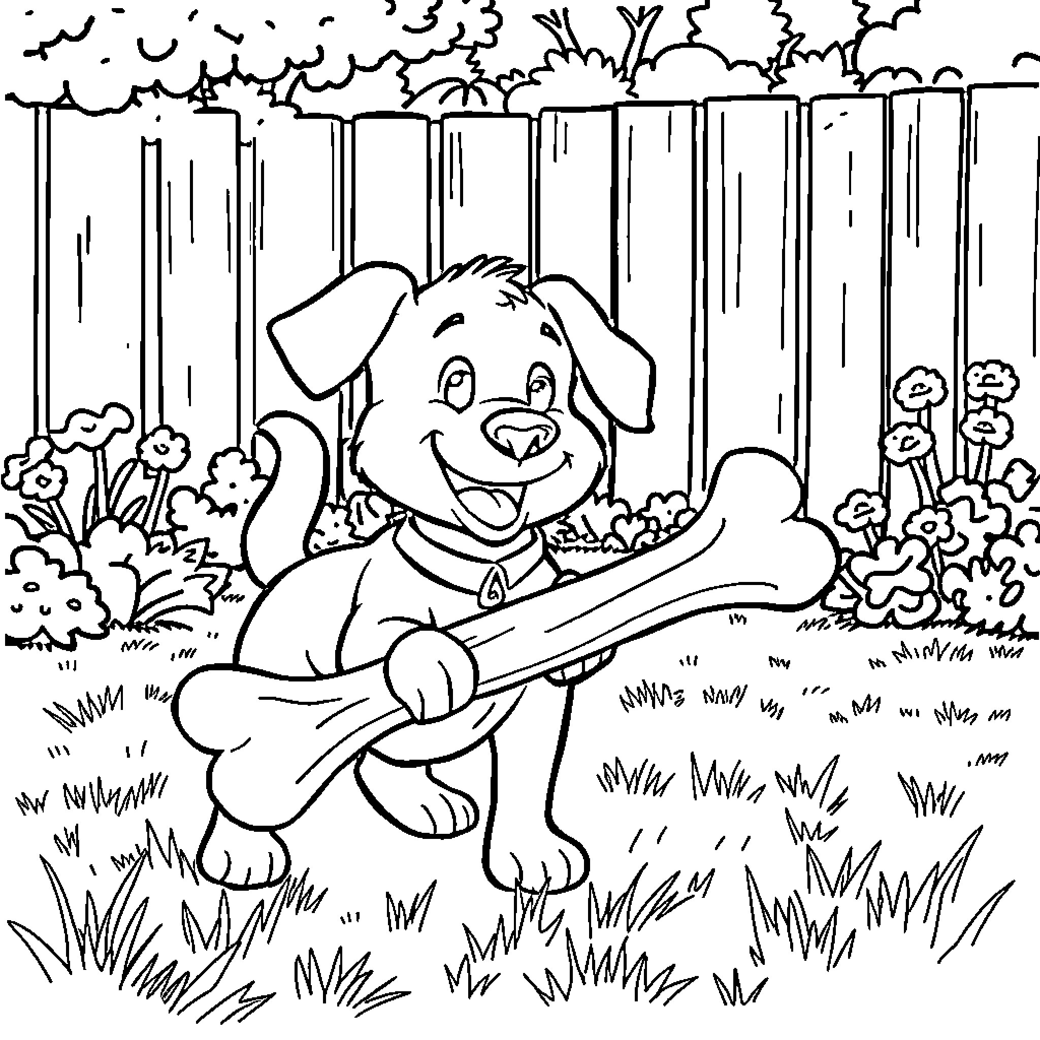 Dog playing with a bone in the garden Coloring Page (free black-and-white line drawing printable PDF for all, from beginners to advanced learners, including children, teens, adults, and seniors)
