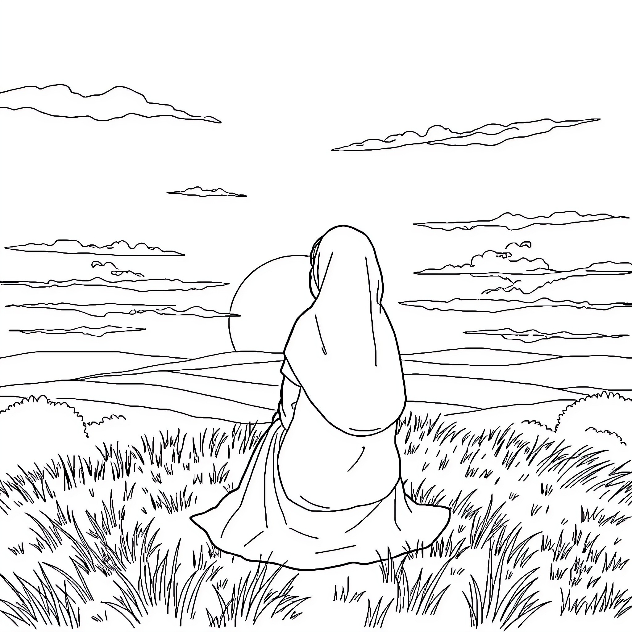 Girl watching sunset in contemplation Coloring Page (free black-and-white line drawing printable PDF for all, from beginners to advanced learners, including children, teens, adults, and seniors)