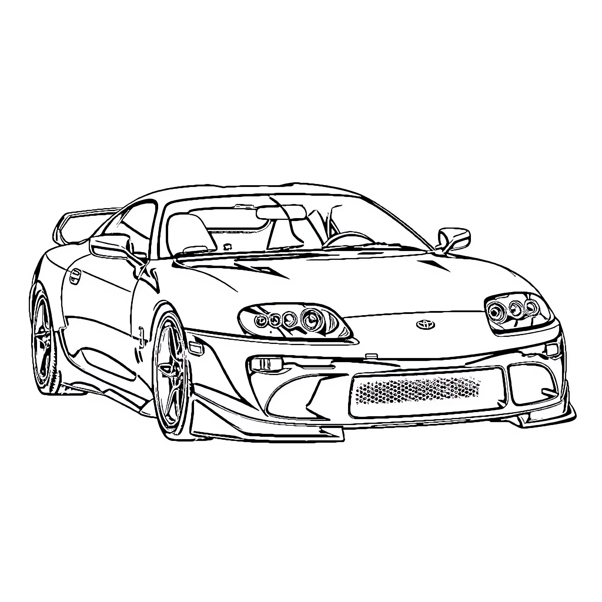 Supra sports car in dynamic pose Coloring Page (free black-and-white line drawing printable PDF for all, from beginners to advanced learners, including children, teens, adults, and seniors)