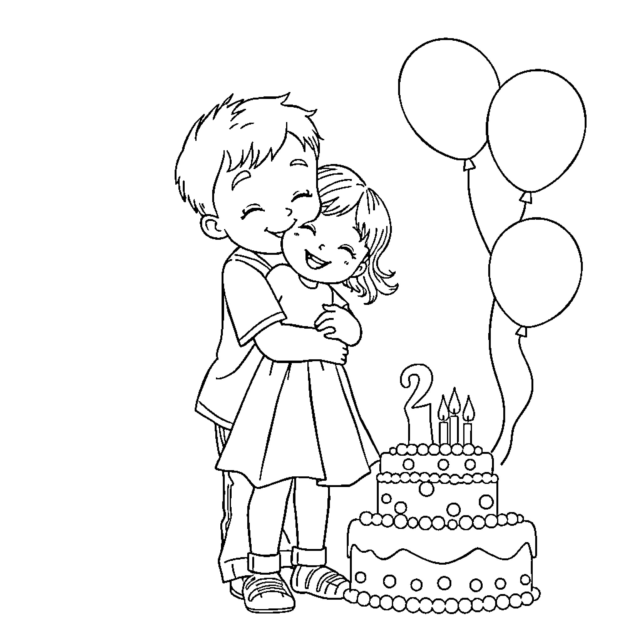 Toddler siblings celebrating birthday with cake and balloons Coloring Page (free black-and-white line drawing printable PDF for all, from beginners to advanced learners, including children, teens, adults, and seniors)