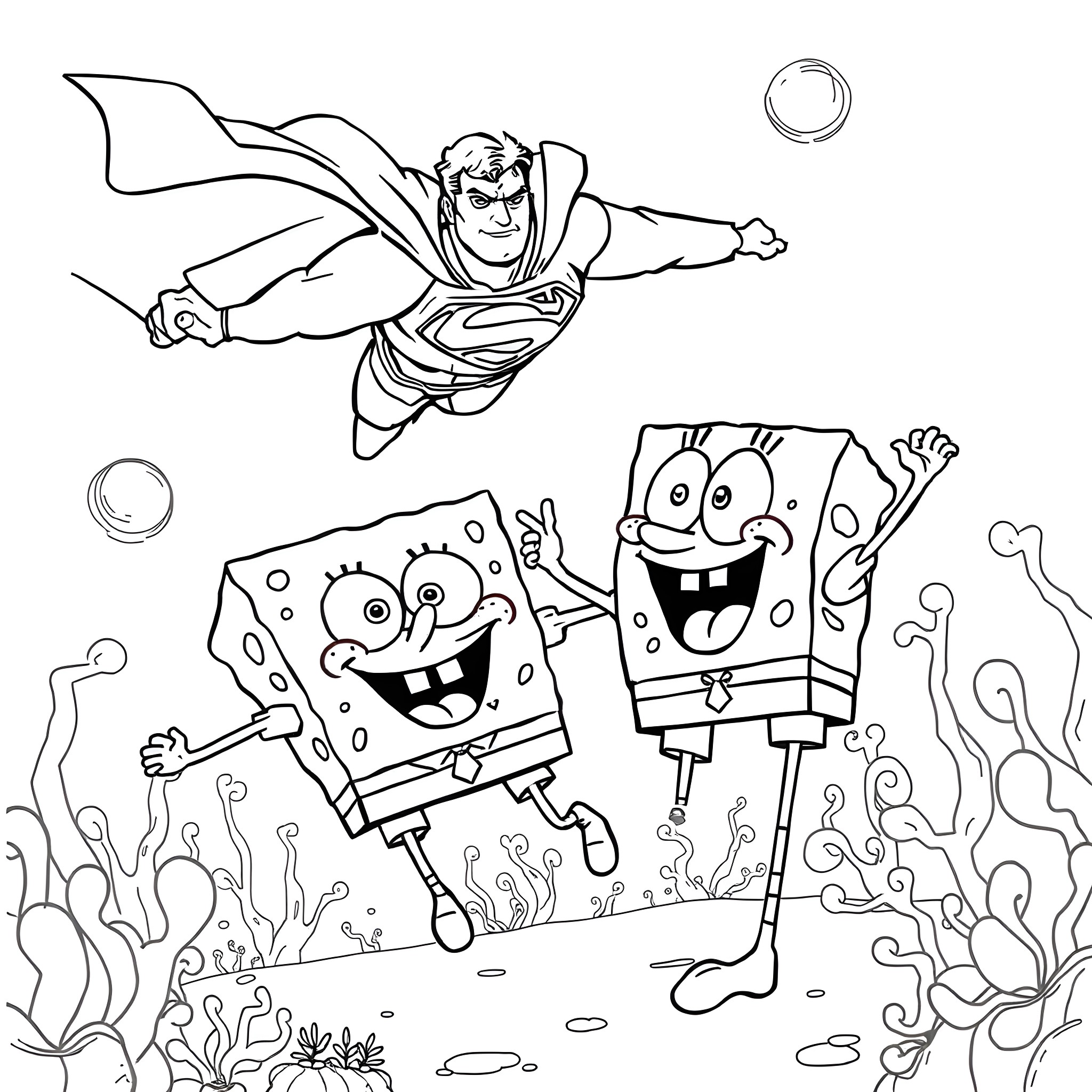 Superman saving SpongeBob and Patrick from underwater adventure Coloring Page (free black-and-white line drawing printable PDF for all, from beginners to advanced learners, including children, teens, adults, and seniors)