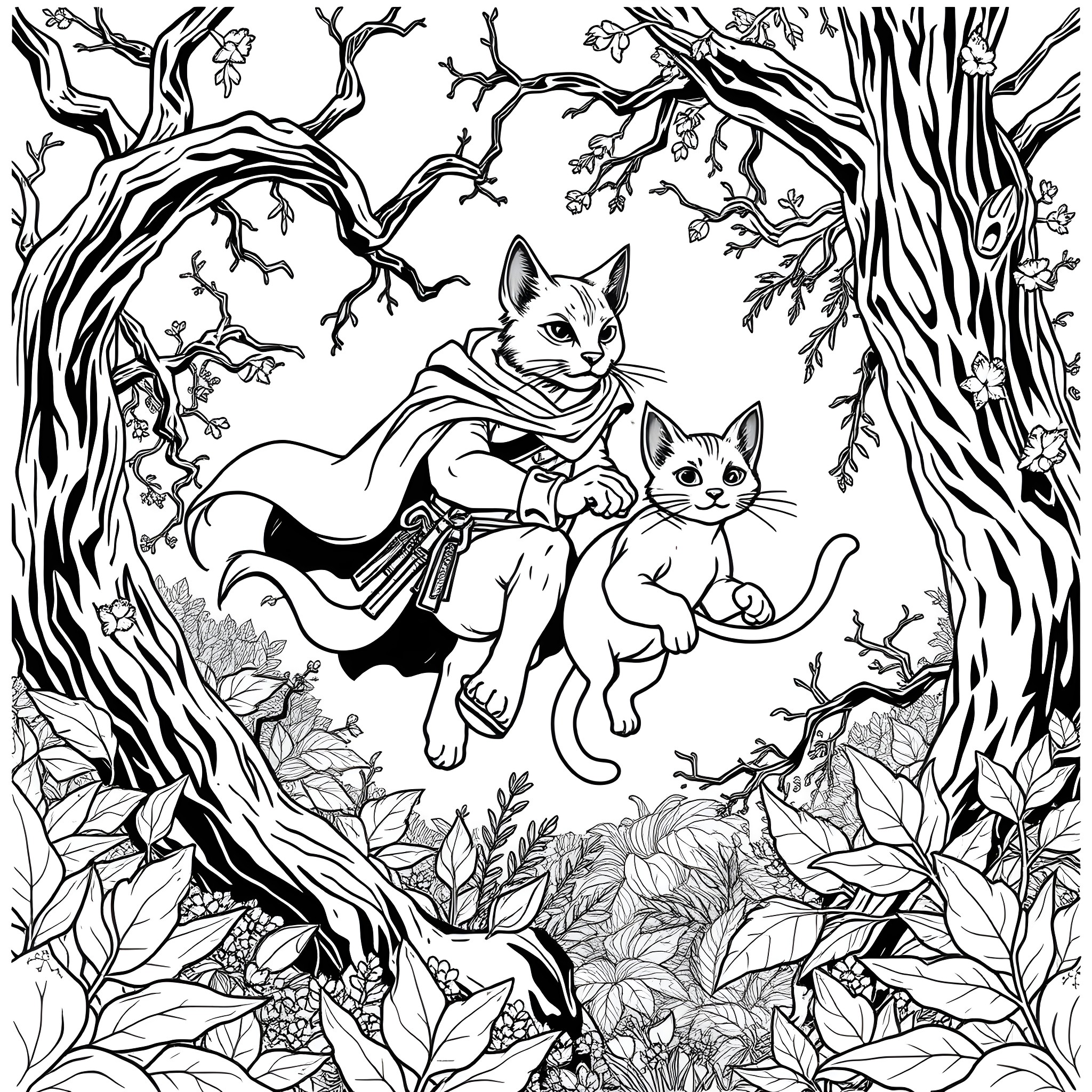 Cat friends enjoying a cozy forest adventure Coloring Page (free black-and-white line drawing printable PDF for all, from beginners to advanced learners, including children, teens, adults, and seniors)