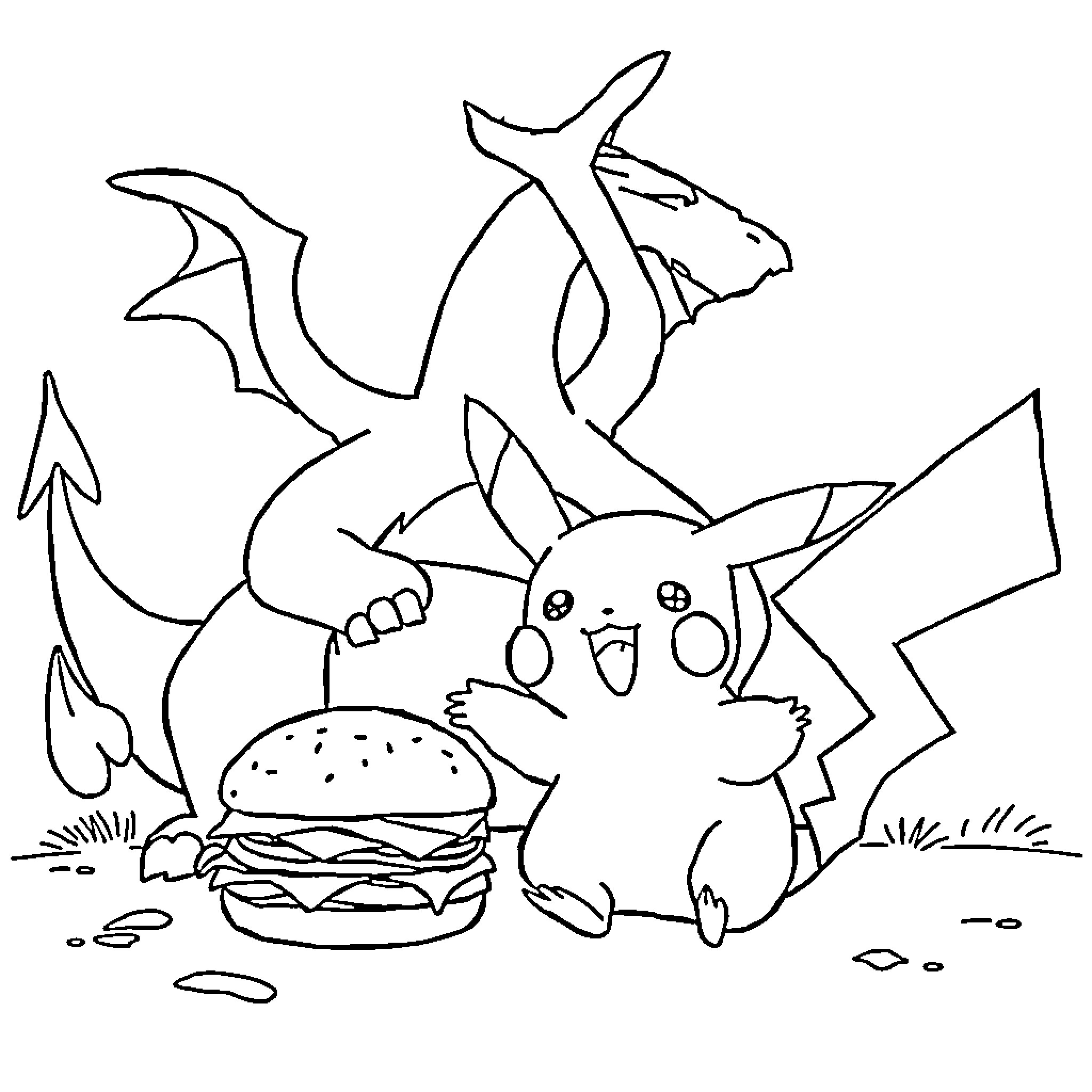 Pikachu enjoying a picnic with friends Coloring Page (free black-and-white line drawing printable PDF for all, from beginners to advanced learners, including children, teens, adults, and seniors)