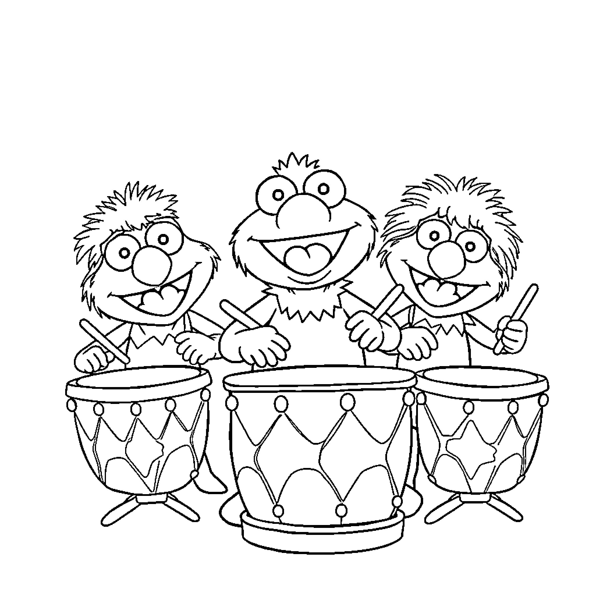 Animal friends playing lively drums Coloring Page (free black-and-white line drawing printable PDF for all, from beginners to advanced learners, including children, teens, adults, and seniors)