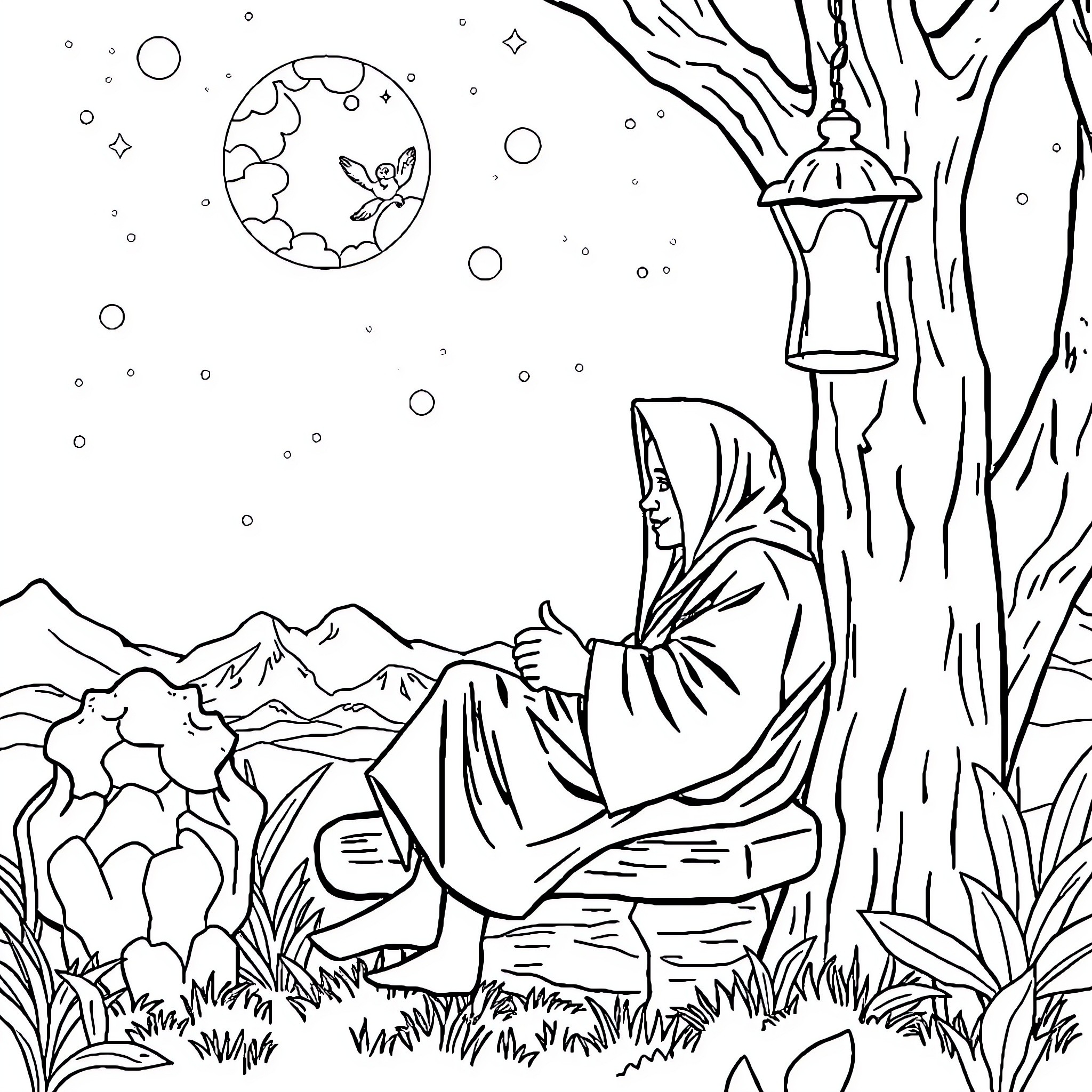 Pemuda resting peacefully in serene nature Coloring Page (free black-and-white line drawing printable PDF for all, from beginners to advanced learners, including children, teens, adults, and seniors)