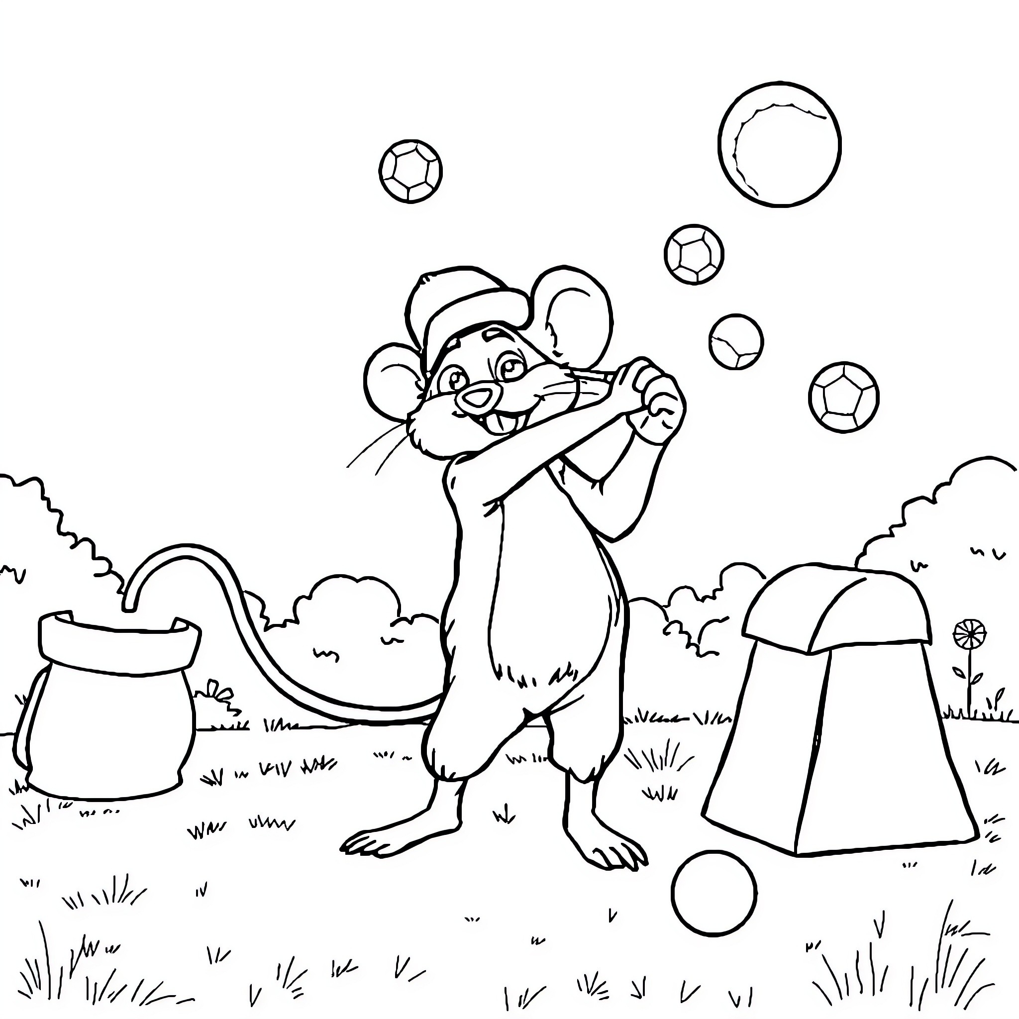 Basil the Mouse Juggles Bubbles in the Park Coloring Page (free black-and-white line drawing printable PDF for all, from beginners to advanced learners, including children, teens, adults, and seniors)
