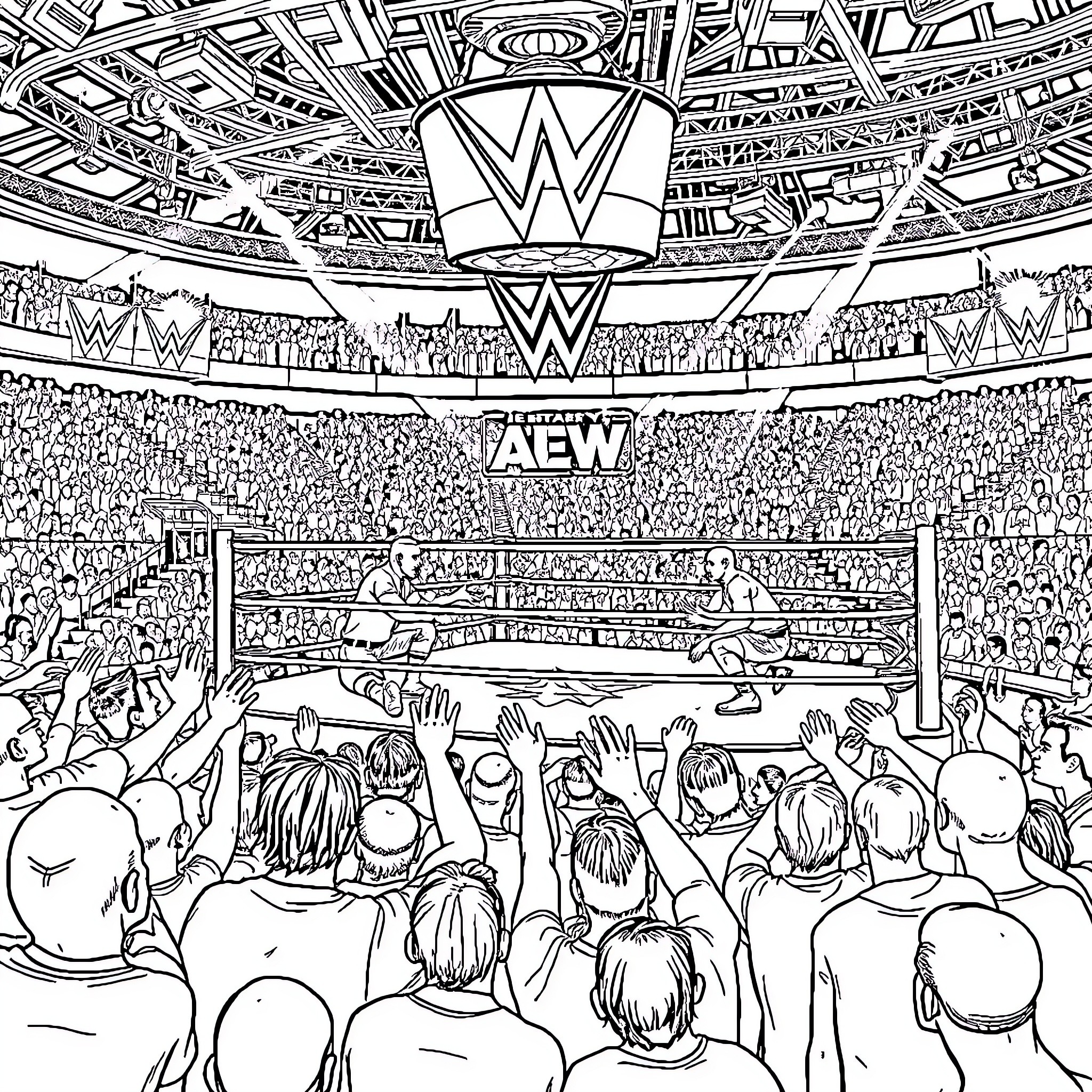 Wrestling Match in a Packed Stadium Coloring Page (free black-and-white line drawing printable PDF for all, from beginners to advanced learners, including children, teens, adults, and seniors)