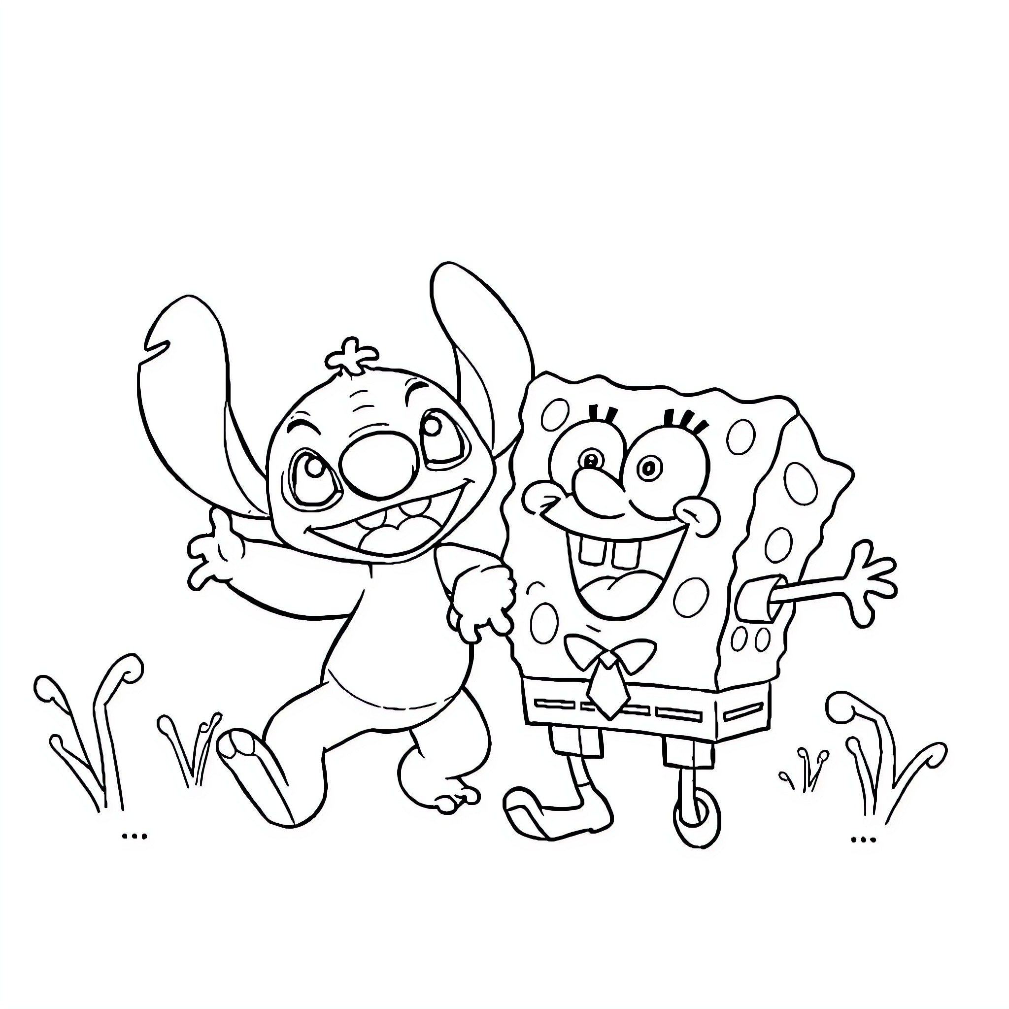 Stitch and Spongebob in a playful adventure Coloring Page (free black-and-white line drawing printable PDF for all, from beginners to advanced learners, including children, teens, adults, and seniors)