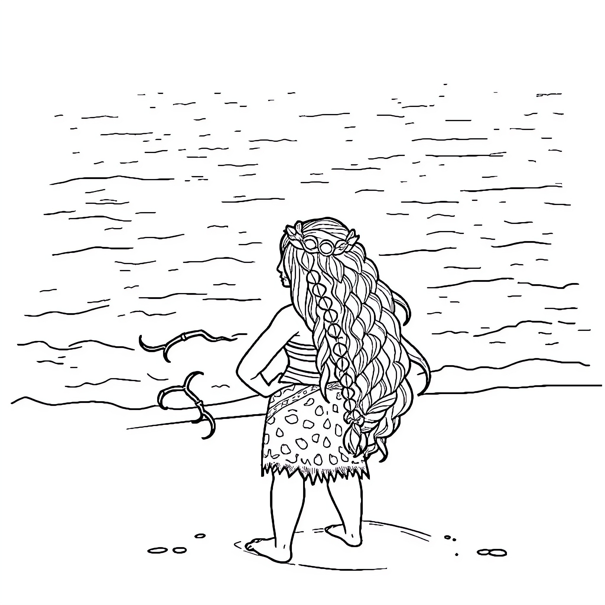 Moana exploring the ocean shoreline Coloring Page (free black-and-white line drawing printable PDF for all, from beginners to advanced learners, including children, teens, adults, and seniors)