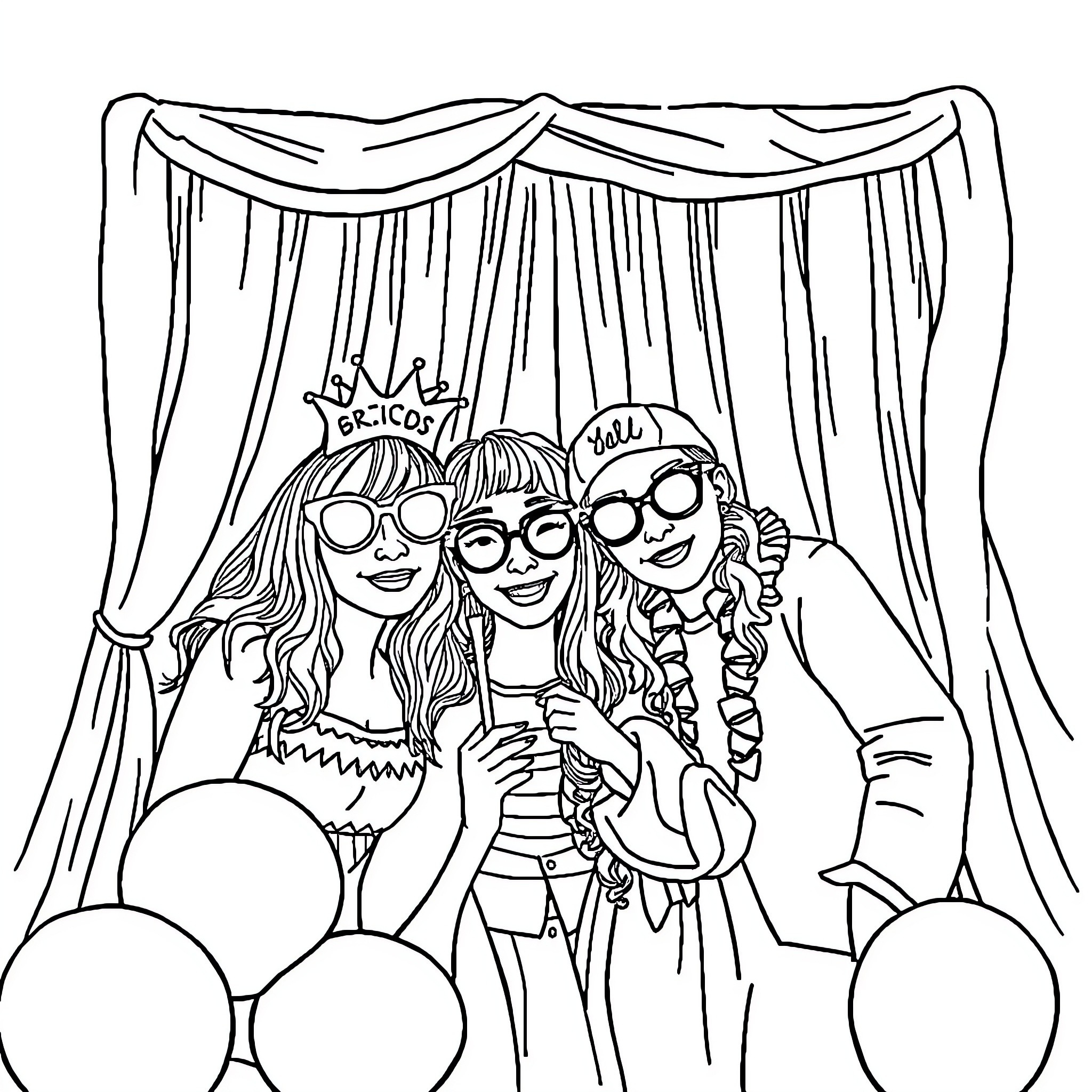 Photobooth Selfie with Friends at a Party Coloring Page (free black-and-white line drawing printable PDF for all, from beginners to advanced learners, including children, teens, adults, and seniors)