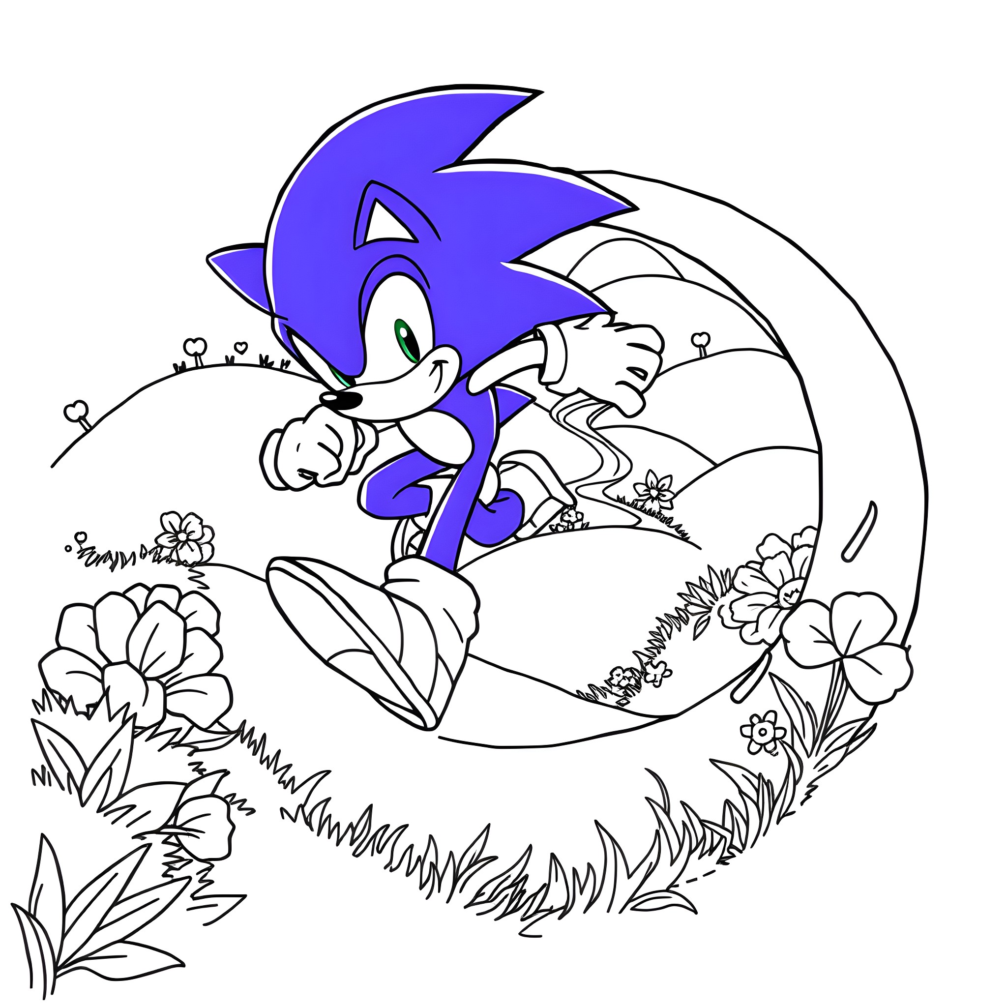 Sonic dashing through a flowery meadow Coloring Page (free black-and-white line drawing printable PDF for all, from beginners to advanced learners, including children, teens, adults, and seniors)