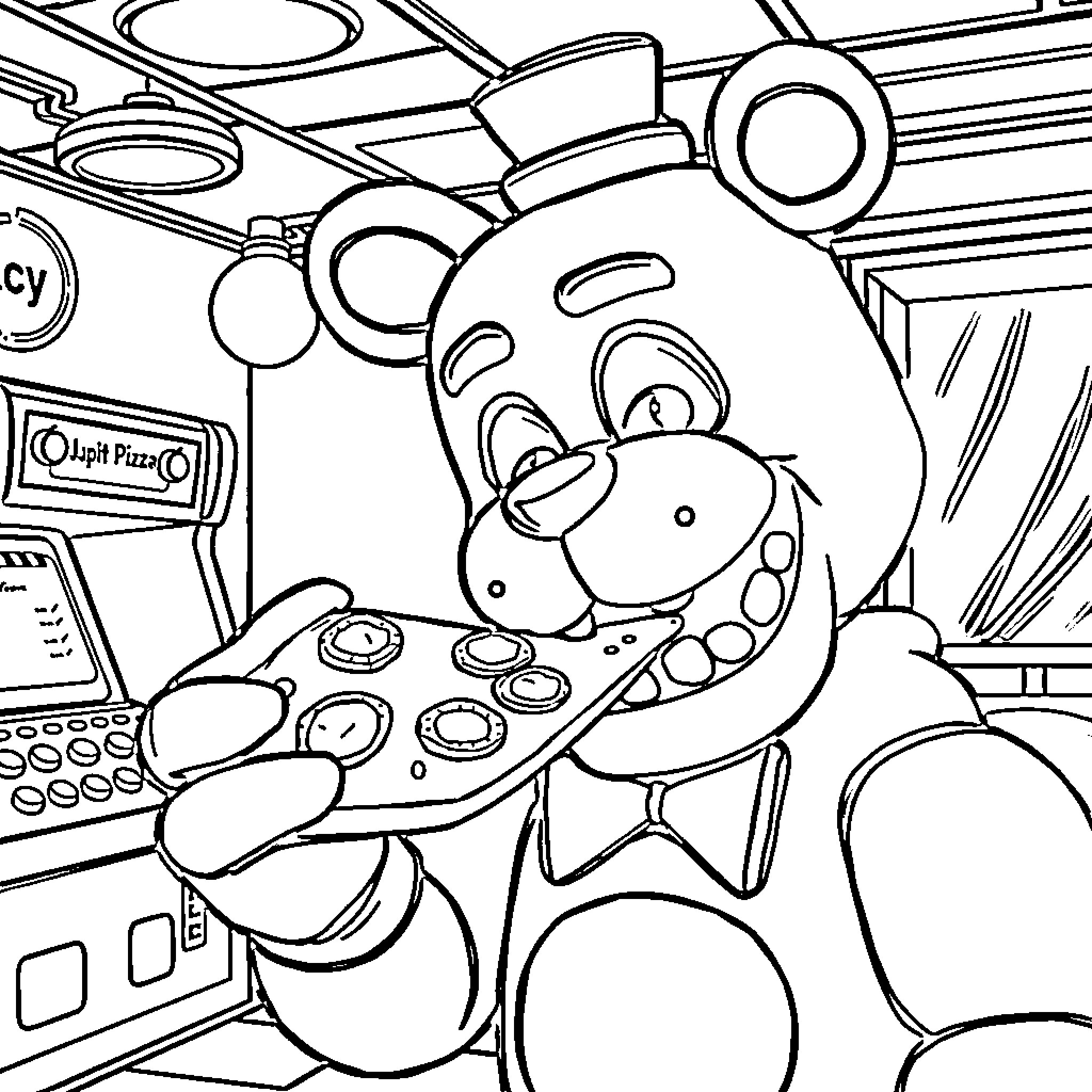 Freddy Fazbear enjoying a video game in the arcade Coloring Page (free black-and-white line drawing printable PDF for all, from beginners to advanced learners, including children, teens, adults, and seniors)