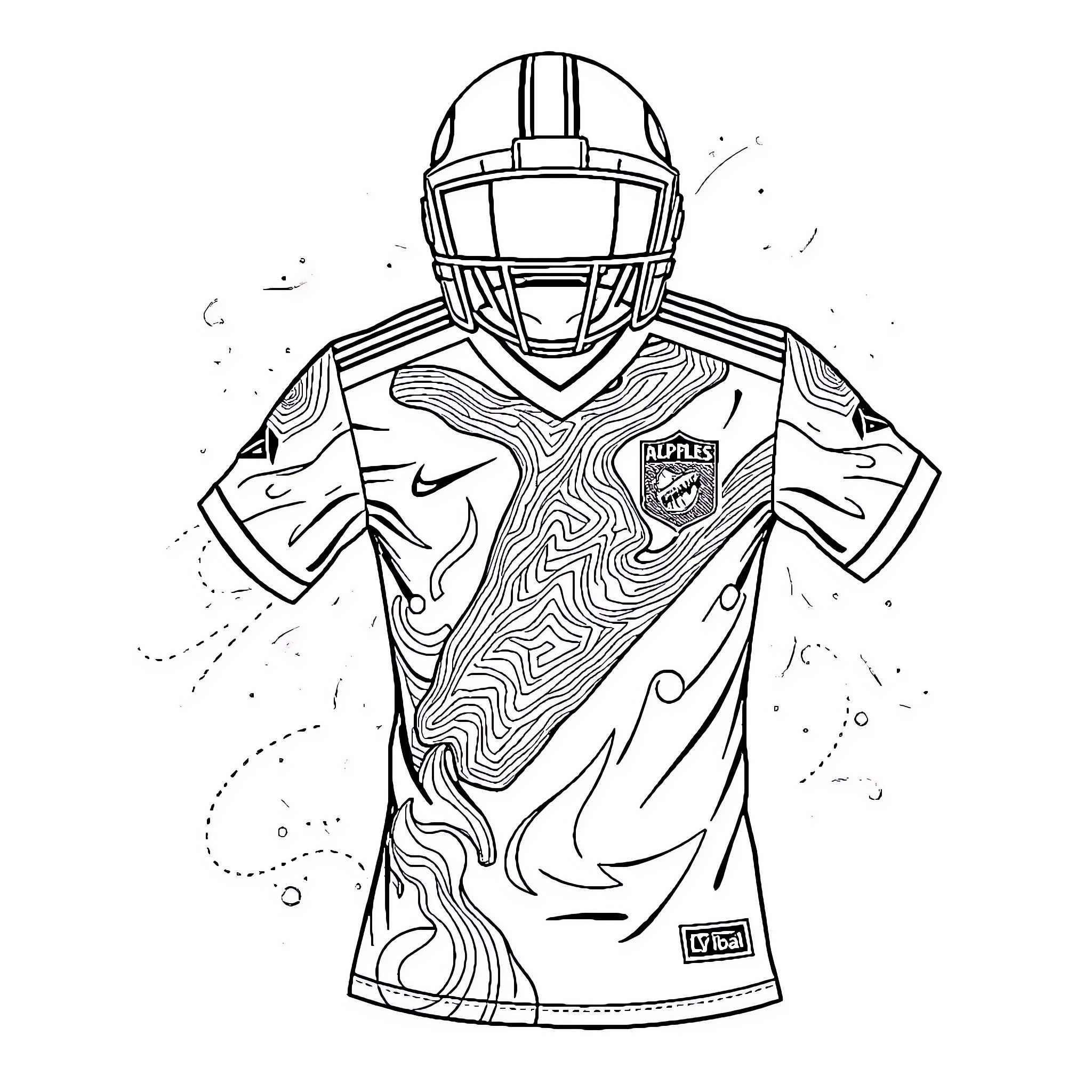 Football Kit with Swirling Pattern and Helmet Coloring Page (free black-and-white line drawing printable PDF for all, from beginners to advanced learners, including children, teens, adults, and seniors)