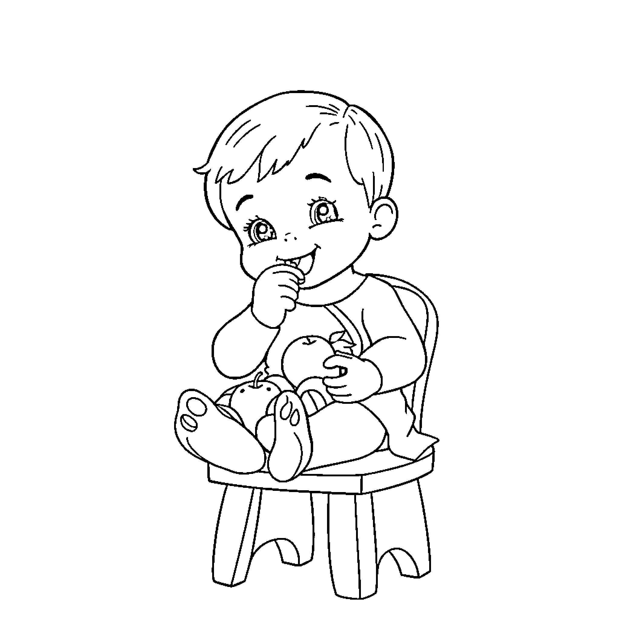 Baby Girl Enjoying a Snack Coloring Page (free black-and-white line drawing printable PDF for all, from beginners to advanced learners, including children, teens, adults, and seniors)