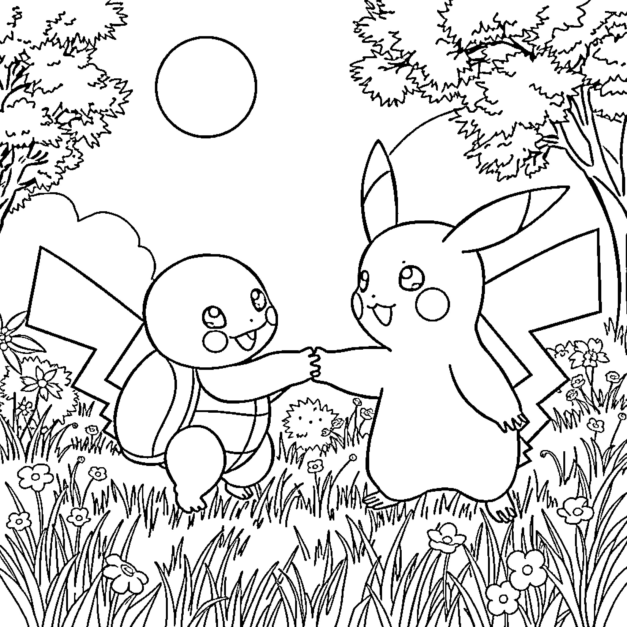 Pikachu playing with friends in the forest Coloring Page (free black-and-white line drawing printable PDF for all, from beginners to advanced learners, including children, teens, adults, and seniors)