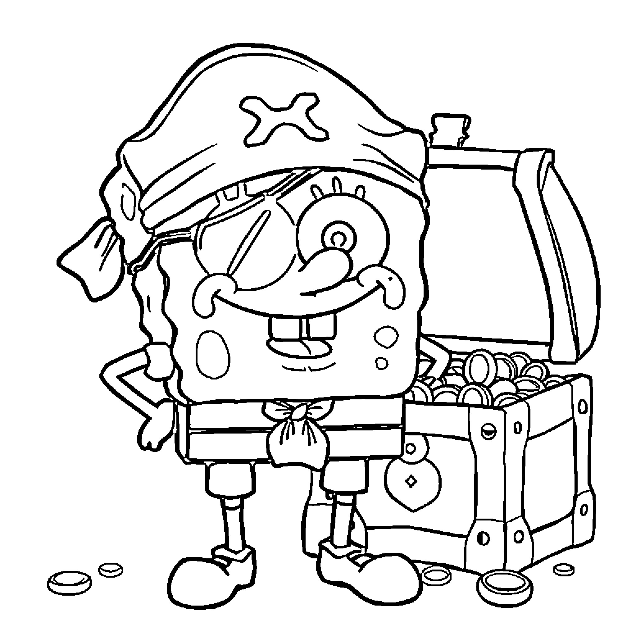 Spongebob the Pirate Discovers a Treasure Chest Coloring Page (free black-and-white line drawing printable PDF for all, from beginners to advanced learners, including children, teens, adults, and seniors)