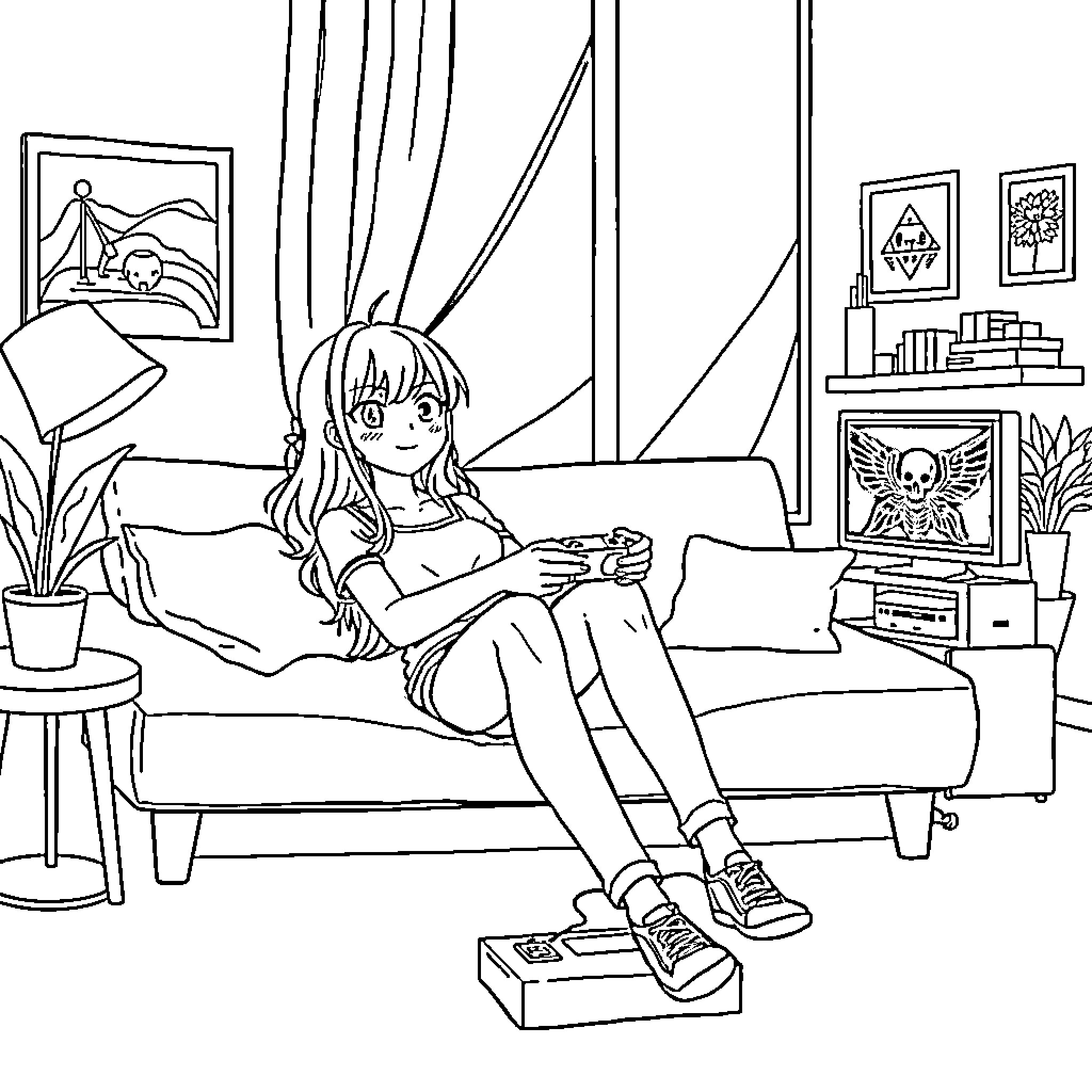 Anime Girl Relaxing at Home Coloring Page (free black-and-white line drawing printable PDF for all, from beginners to advanced learners, including children, teens, adults, and seniors)