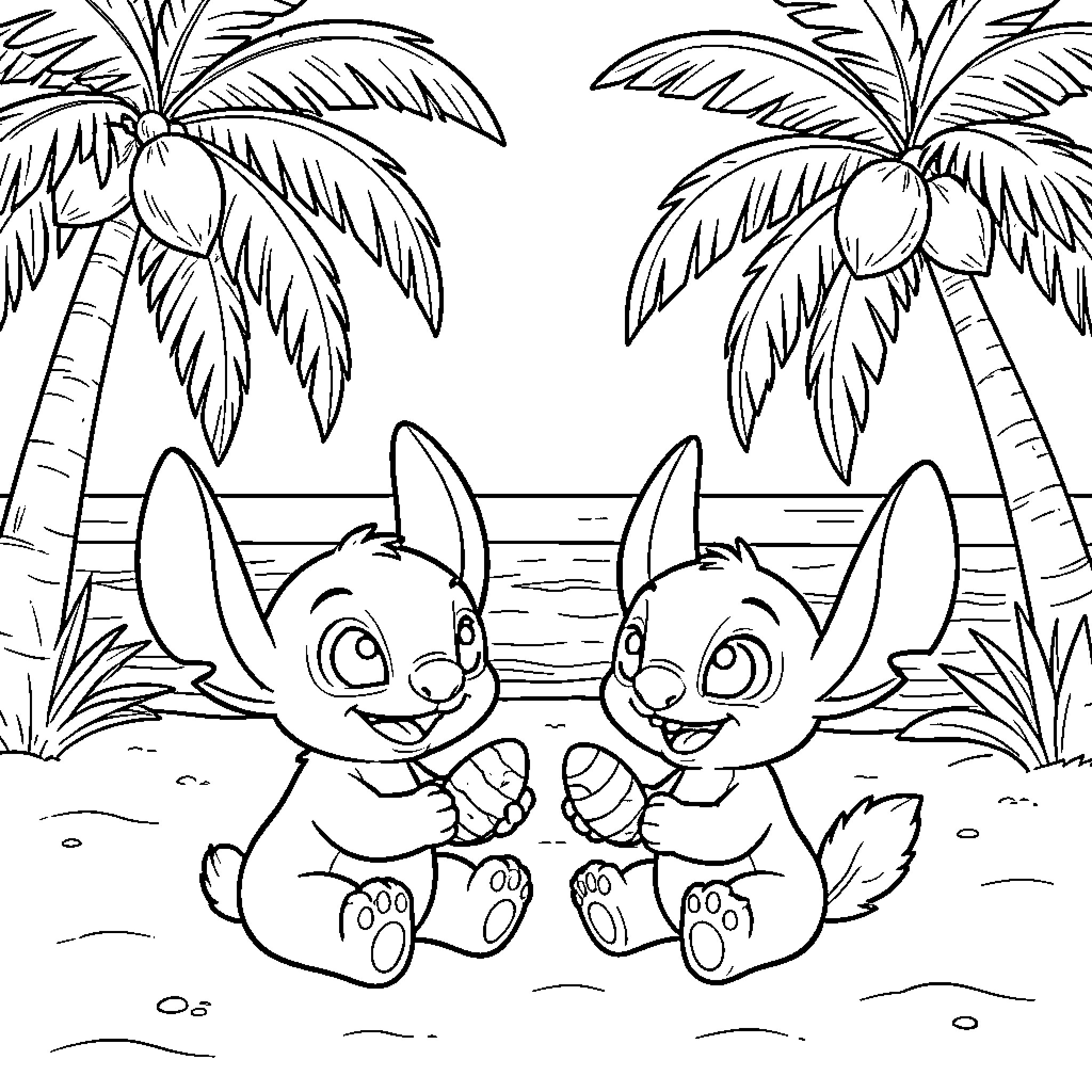 Lilo And Stitch playing on the beach Coloring Page (free black-and-white line drawing printable PDF for all, from beginners to advanced learners, including children, teens, adults, and seniors)
