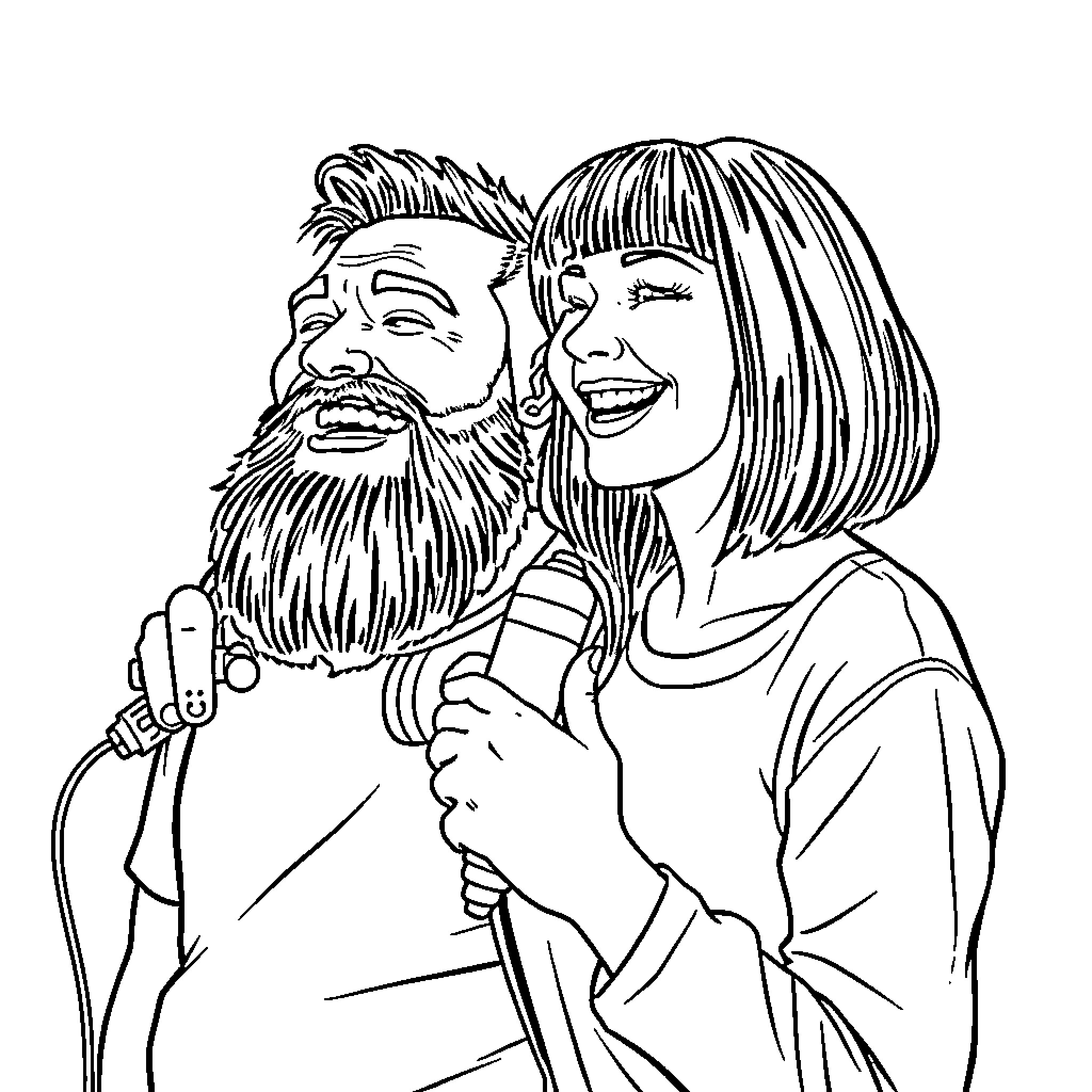 Man and woman sharing a microphone and singing happily Coloring Page (free black-and-white line drawing printable PDF for all, from beginners to advanced learners, including children, teens, adults, and seniors)
