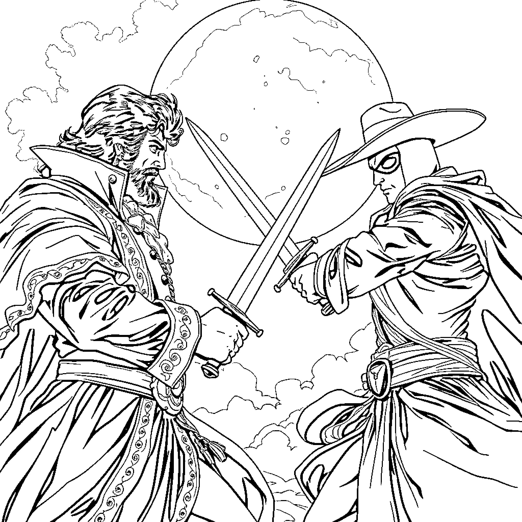 Count Duelists in Fierce Combat Coloring Page (free black-and-white line drawing printable PDF for all, from beginners to advanced learners, including children, teens, adults, and seniors)