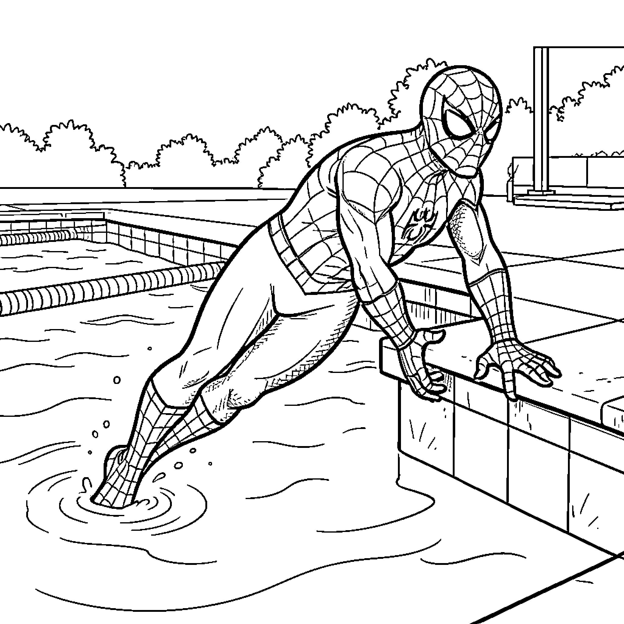 Spider-Man climbing out of a swimming pool Coloring Page (free black-and-white line drawing printable PDF for all, from beginners to advanced learners, including children, teens, adults, and seniors)