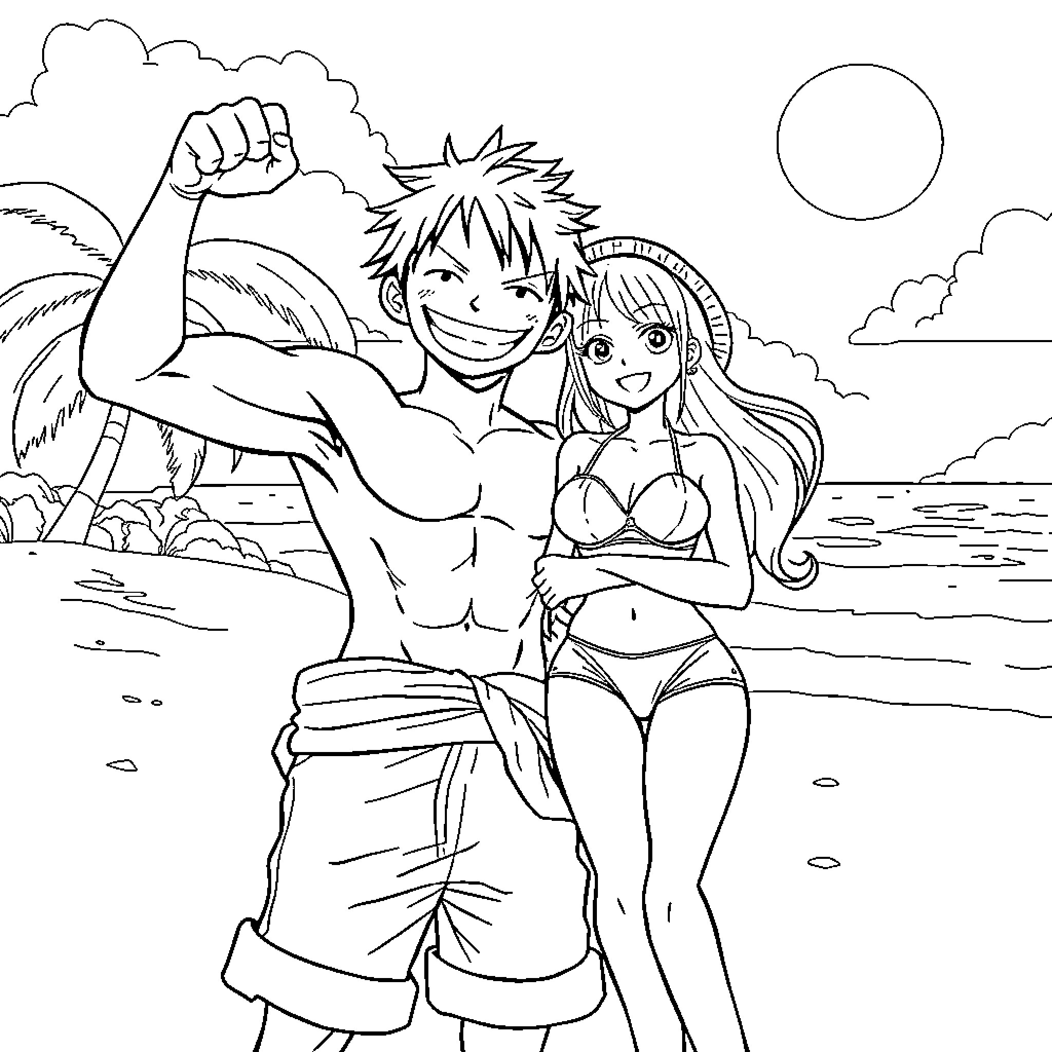 Monkey D Luffy relaxing with a friend on the beach Coloring Page (free black-and-white line drawing printable PDF for all, from beginners to advanced learners, including children, teens, adults, and seniors)