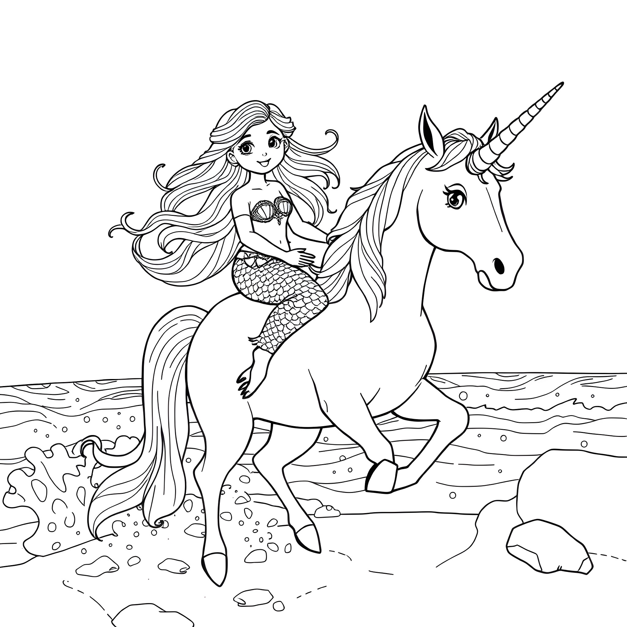 Mermaid riding a magical unicorn on the beach Coloring Page (free black-and-white line drawing printable PDF for all, from beginners to advanced learners, including children, teens, adults, and seniors)