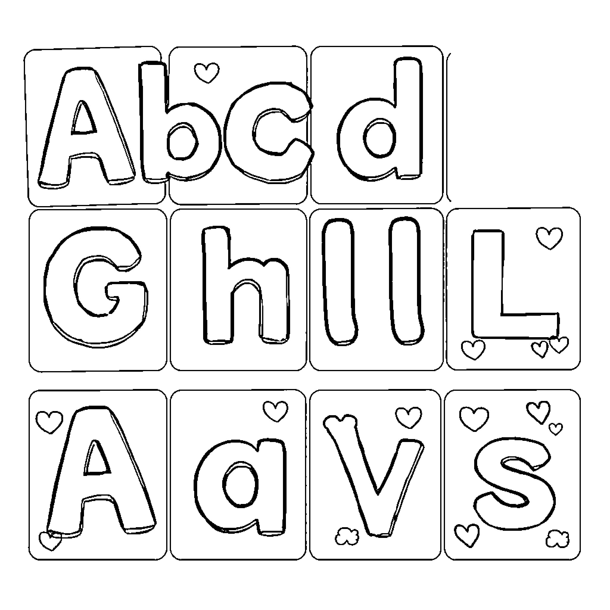 Alphabet letters waiting to be colored Coloring Page (free black-and-white line drawing printable PDF for all, from beginners to advanced learners, including children, teens, adults, and seniors)