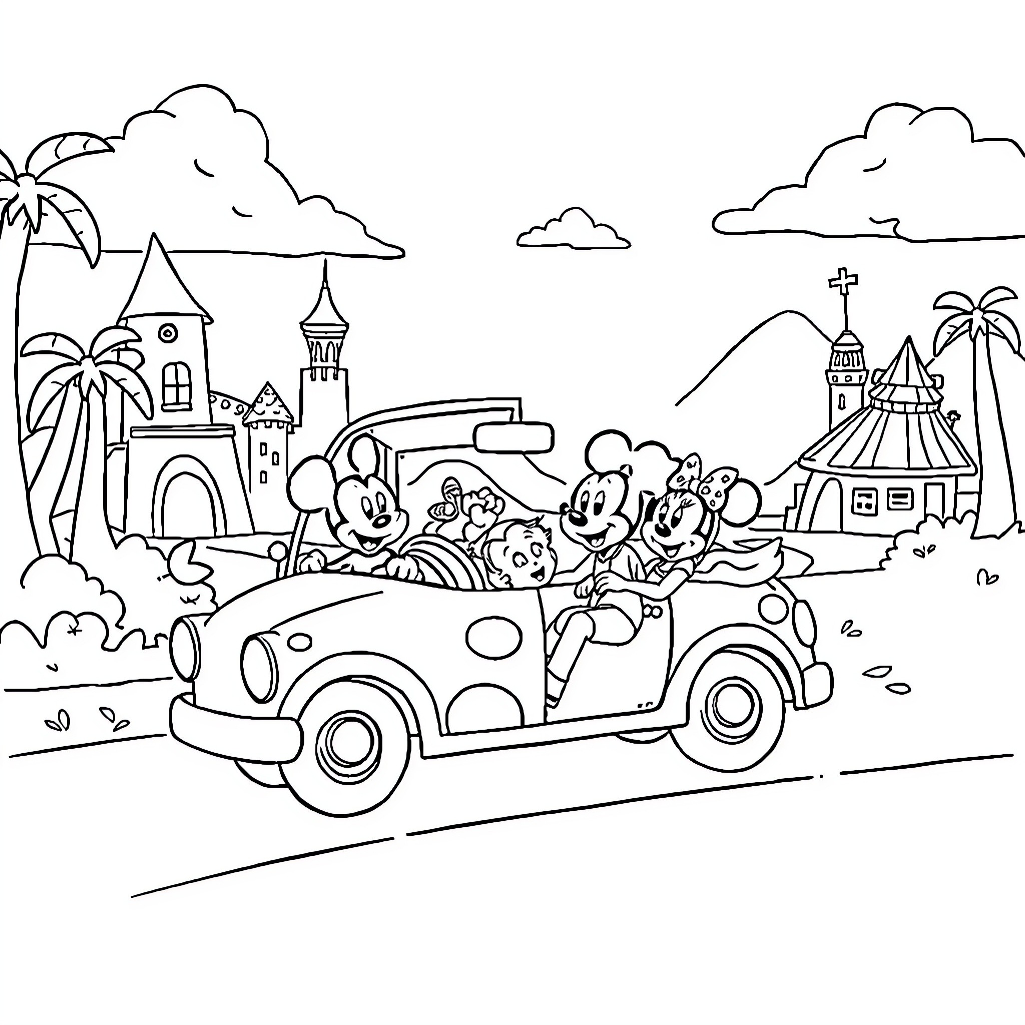 Disney characters enjoying a scenic road trip adventure Coloring Page (free black-and-white line drawing printable PDF for all, from beginners to advanced learners, including children, teens, adults, and seniors)