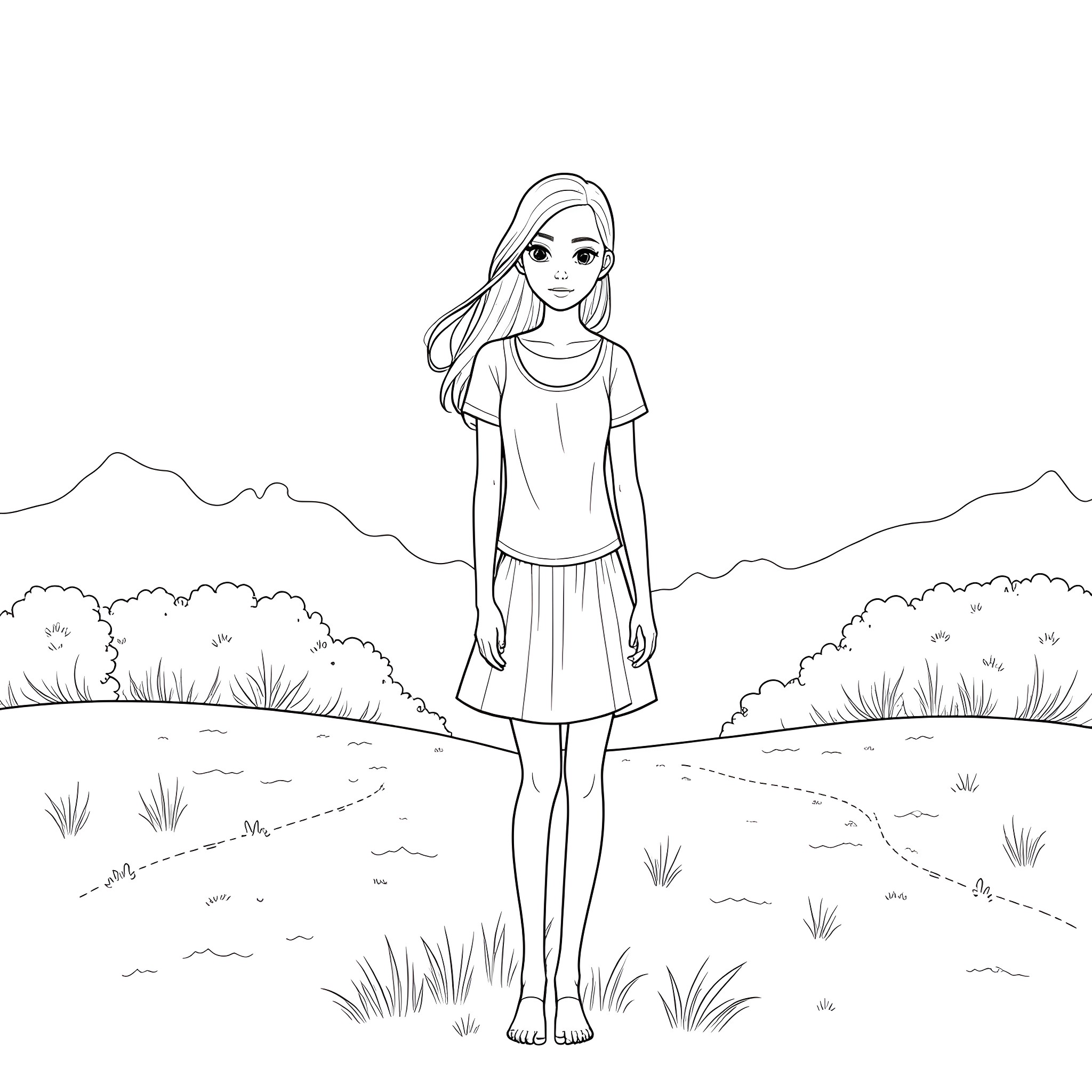 Girl standing in a serene outdoor landscape Coloring Page (free black-and-white line drawing printable PDF for all, from beginners to advanced learners, including children, teens, adults, and seniors)