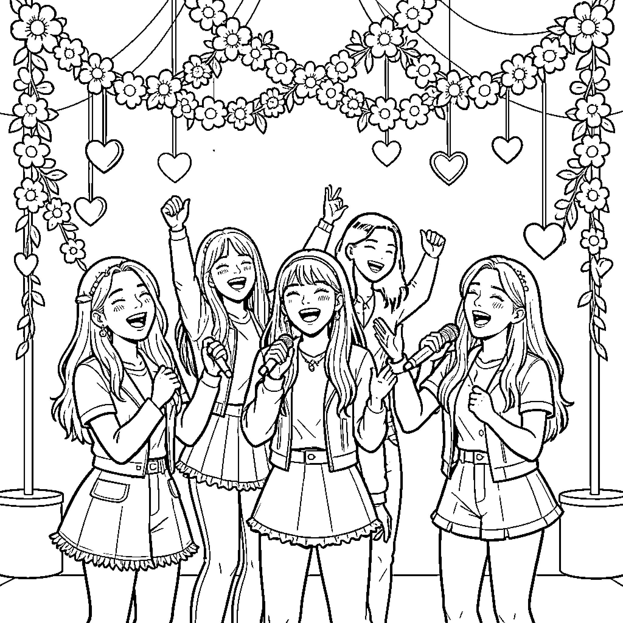 K-Pop Singer group performing happily on a decorated stage Coloring Page (free black-and-white line drawing printable PDF for all, from beginners to advanced learners, including children, teens, adults, and seniors)
