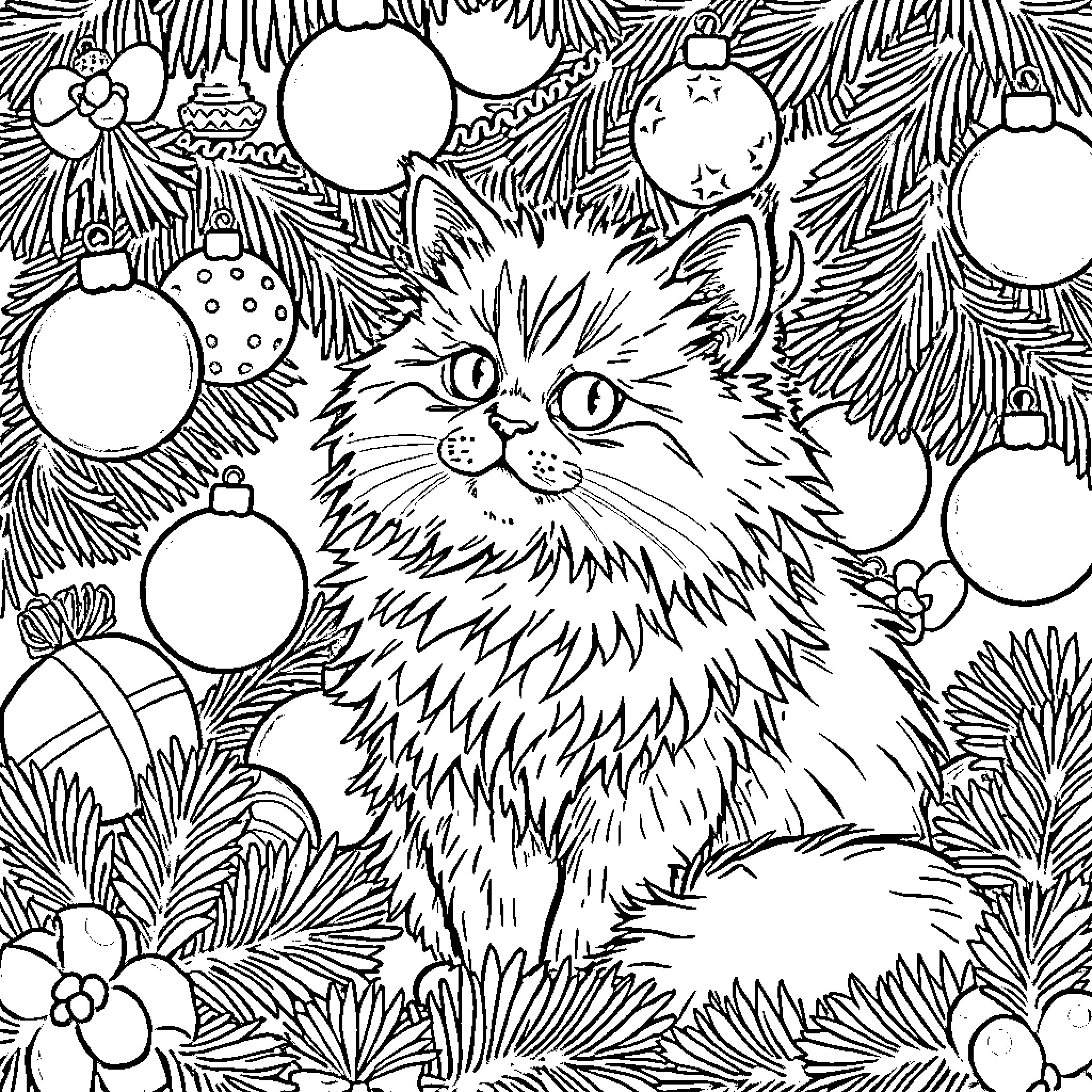 Cat amidst Christmas ornaments and foliage Coloring Page (free black-and-white line drawing printable PDF for all, from beginners to advanced learners, including children, teens, adults, and seniors)