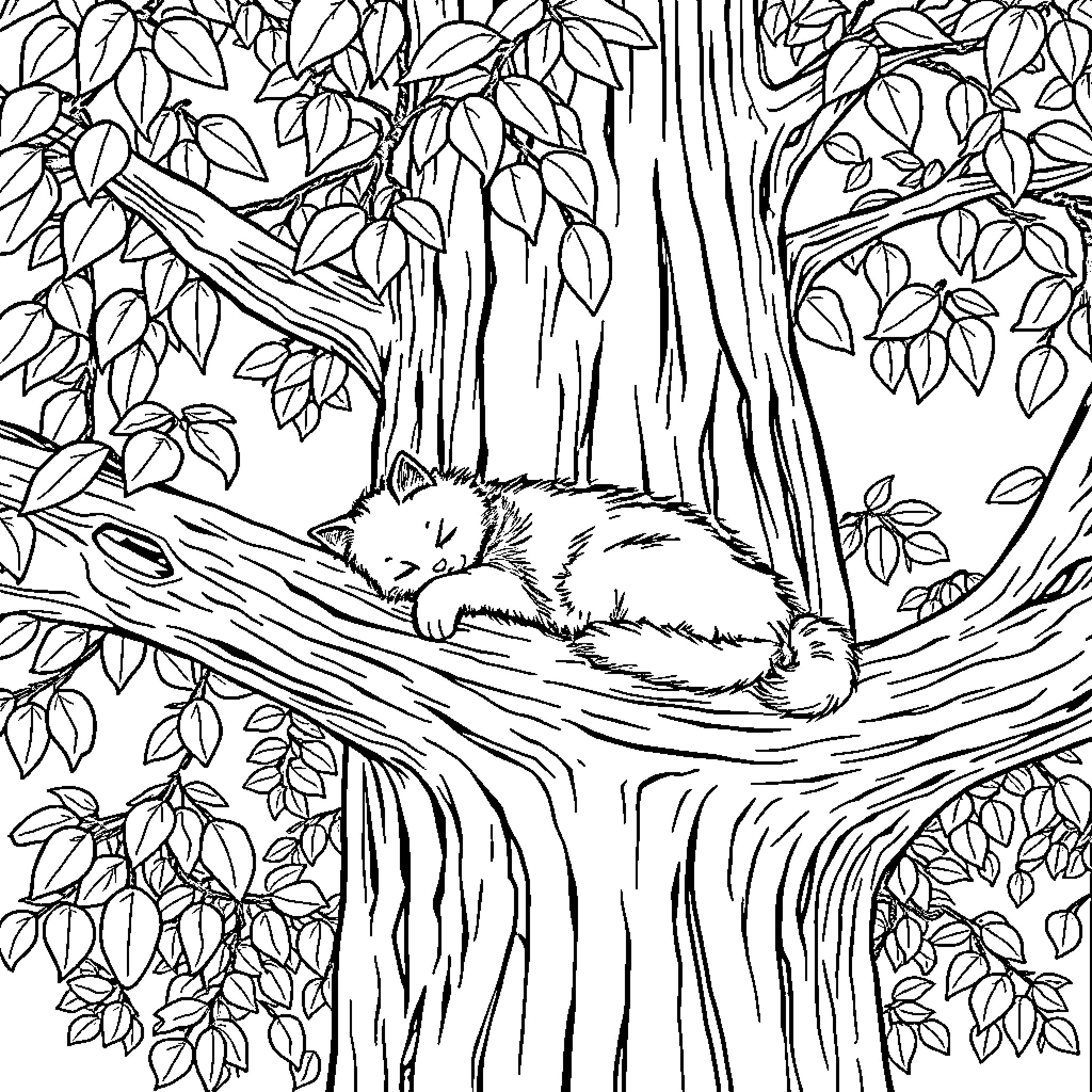 Cat napping peacefully in the forest Coloring Page (free black-and-white line drawing printable PDF for all, from beginners to advanced learners, including children, teens, adults, and seniors)