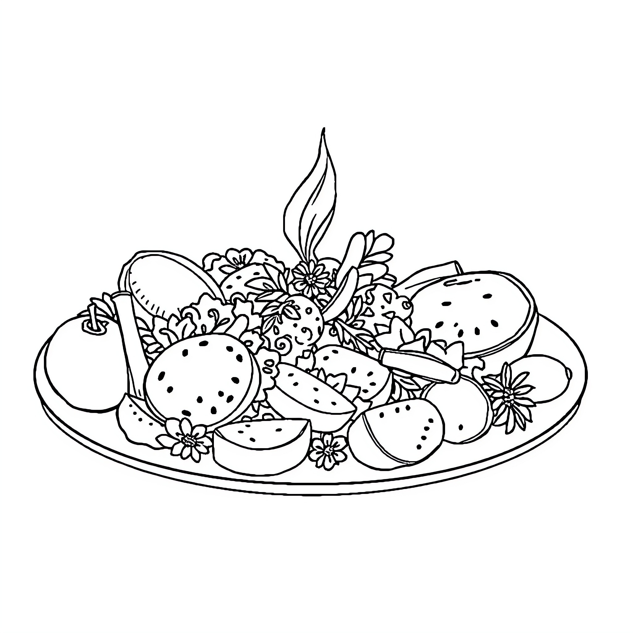 Mediterranean Food Platter with Fresh Produce Coloring Page (free black-and-white line drawing printable PDF for all, from beginners to advanced learners, including children, teens, adults, and seniors)