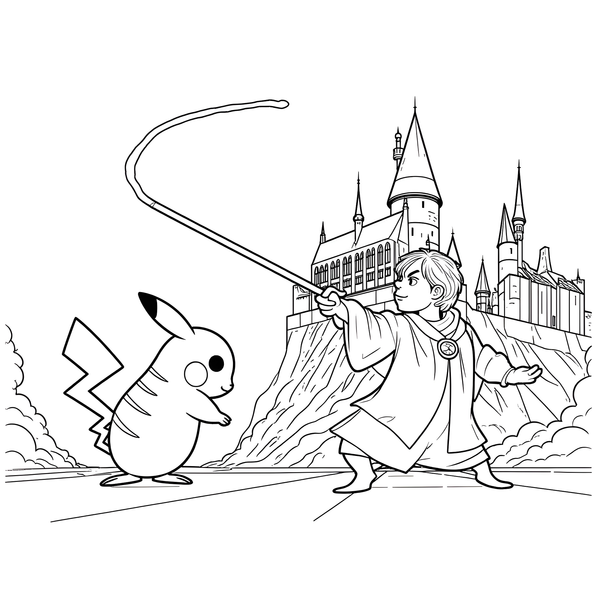 Pikachu playing with a young wizard in a magical castle Coloring Page (free black-and-white line drawing printable PDF for all, from beginners to advanced learners, including children, teens, adults, and seniors)