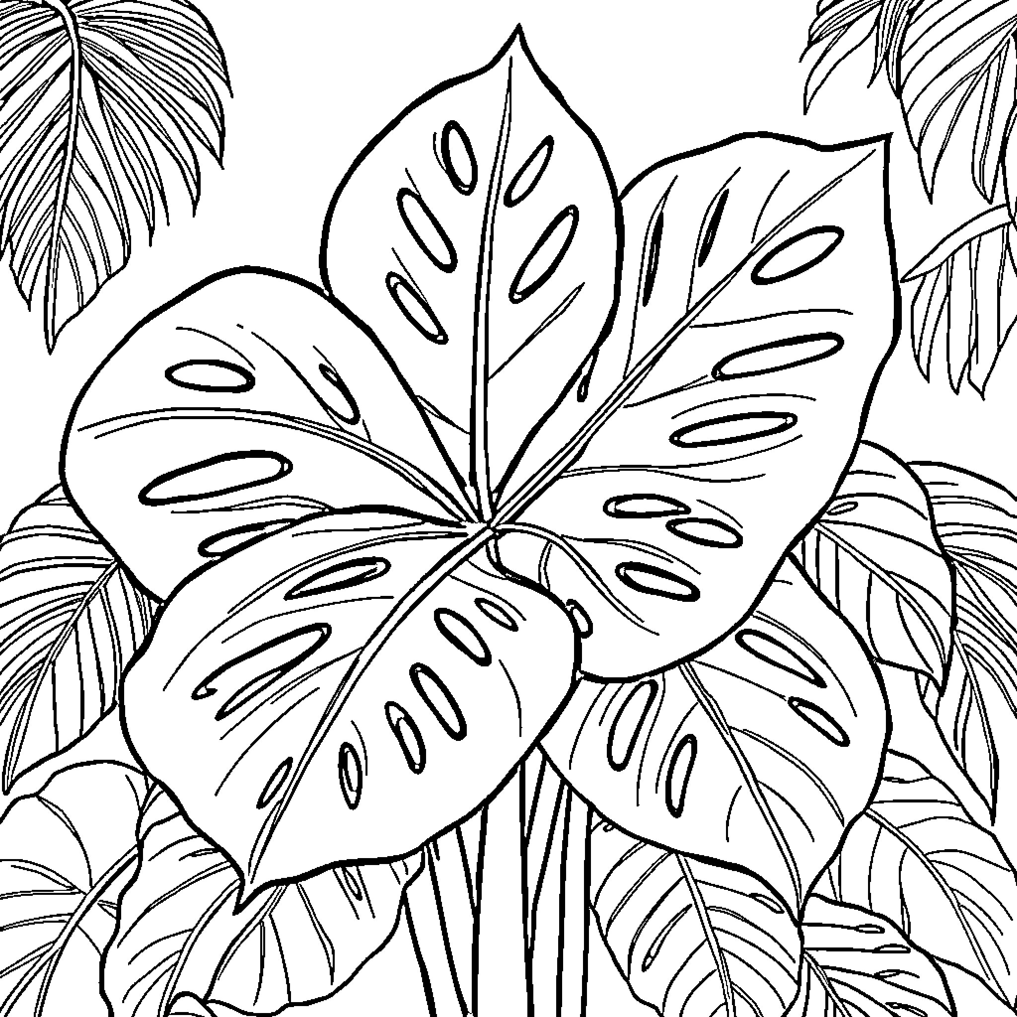 Monstera leaves in a tropical scene Coloring Page (free black-and-white line drawing printable PDF for all, from beginners to advanced learners, including children, teens, adults, and seniors)
